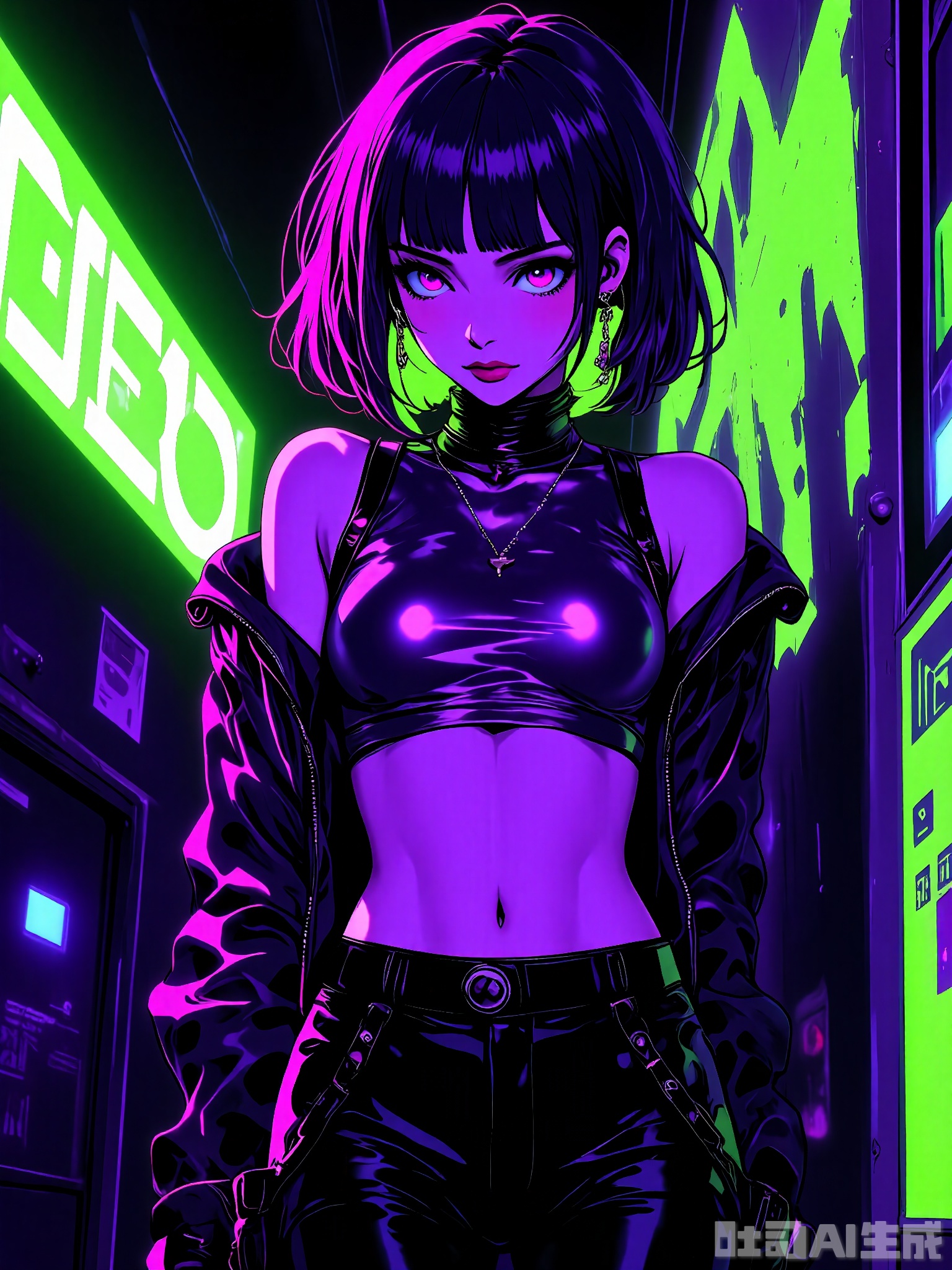 PKSN, Anime-style digital artwork of a young woman with short, spiky purple hair with green highlights, wearing a metallic silver crop top and high-waisted leather pants. She is leaning against a wall with her arms crossed and one leg bent. Neon green and purple lights cast dynamic shadows on the background, creating a cyberpunk atmosphere. The setting is a narrow alley with a flickering neon sign that says "NEO" above her head. The woman has a confident smirk and is looking slightly to the side. The artwork has a high-contrast, glossy finish with a focus on bold shapes and vivid hues.
