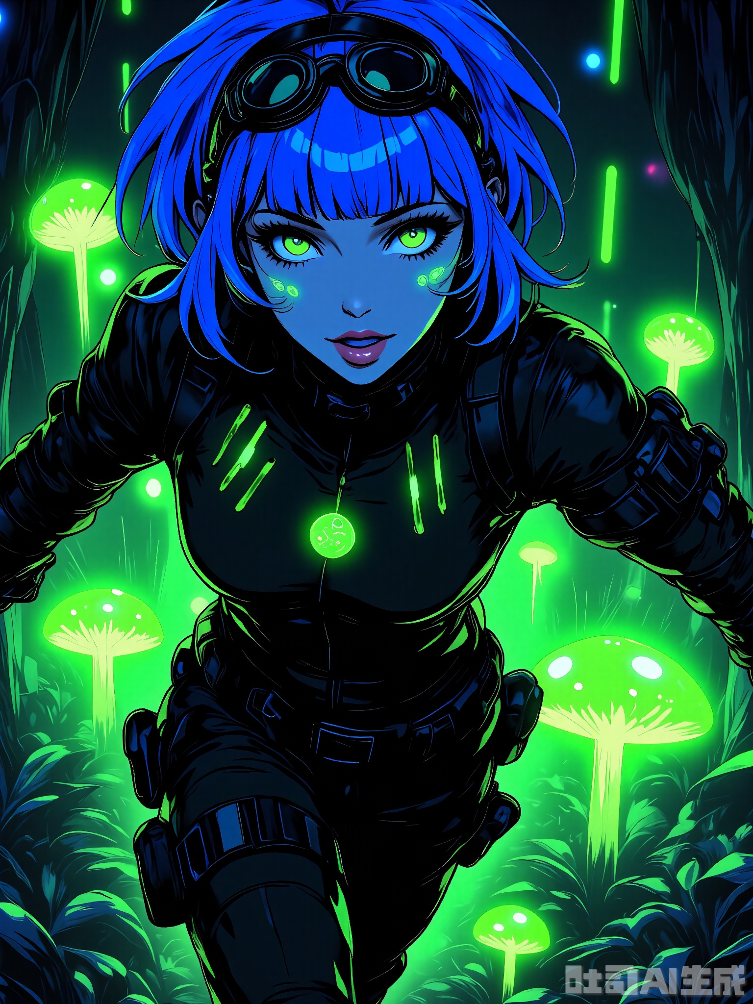 PKSN, Anime-style digital artwork of a young woman with short, pixie-cut blue hair with green streaks, wearing a black and green cybernetic jumpsuit with high-tech goggles on her forehead. She is running through a futuristic forest with her arms pumping and her legs striding, as if chasing after something. Neon green and blue lights from the bioluminescent plants and the floating drones around her create a surreal, natural environment. The setting is filled with towering trees, glowing mushrooms, and other exotic flora and fauna. The woman has a determined, excited expression and is looking ahead. The artwork has a sense of adventure and exploration with a focus on dynamic movement and vivid colors.
