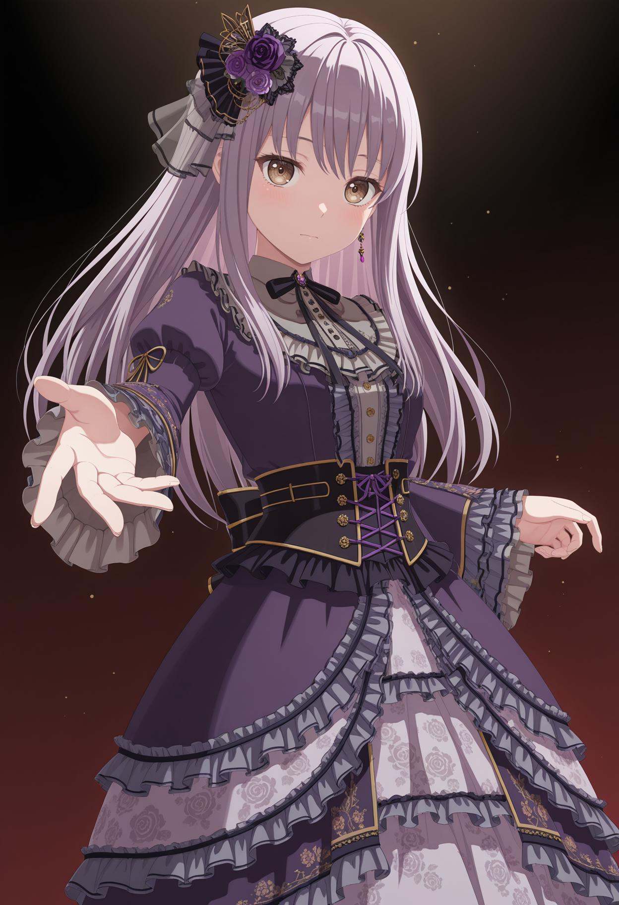masterpiece,best quality,amazing quality,1girl,solo,standing,sideways,looking at viewer,<lora:凑友希那:1>,Yukina Minato,brown eyes,long hair,purple hair,diyitao,diyi black ribbon,diyi corset,diyi earrings,diyi floral print,diyi frilled dress,diyi frilled sleeves,diyi hair ornament,diyi layered dress,diyi neck ribbon,diyi purple dress,purple rose print,diyi sidelocks,(lineart theme:1.3),(tyndall effect:1.1),(light diffusion:1.1),(lineart style:1.2),(chiaroscuro:1.2),(dark:1.1),(top divine light:1.2),divine light,cowboy_shot,from_below,gradient_background,(reach viewers:1.2),(five fingers open:1.1),reaching towards viewer,light particle
