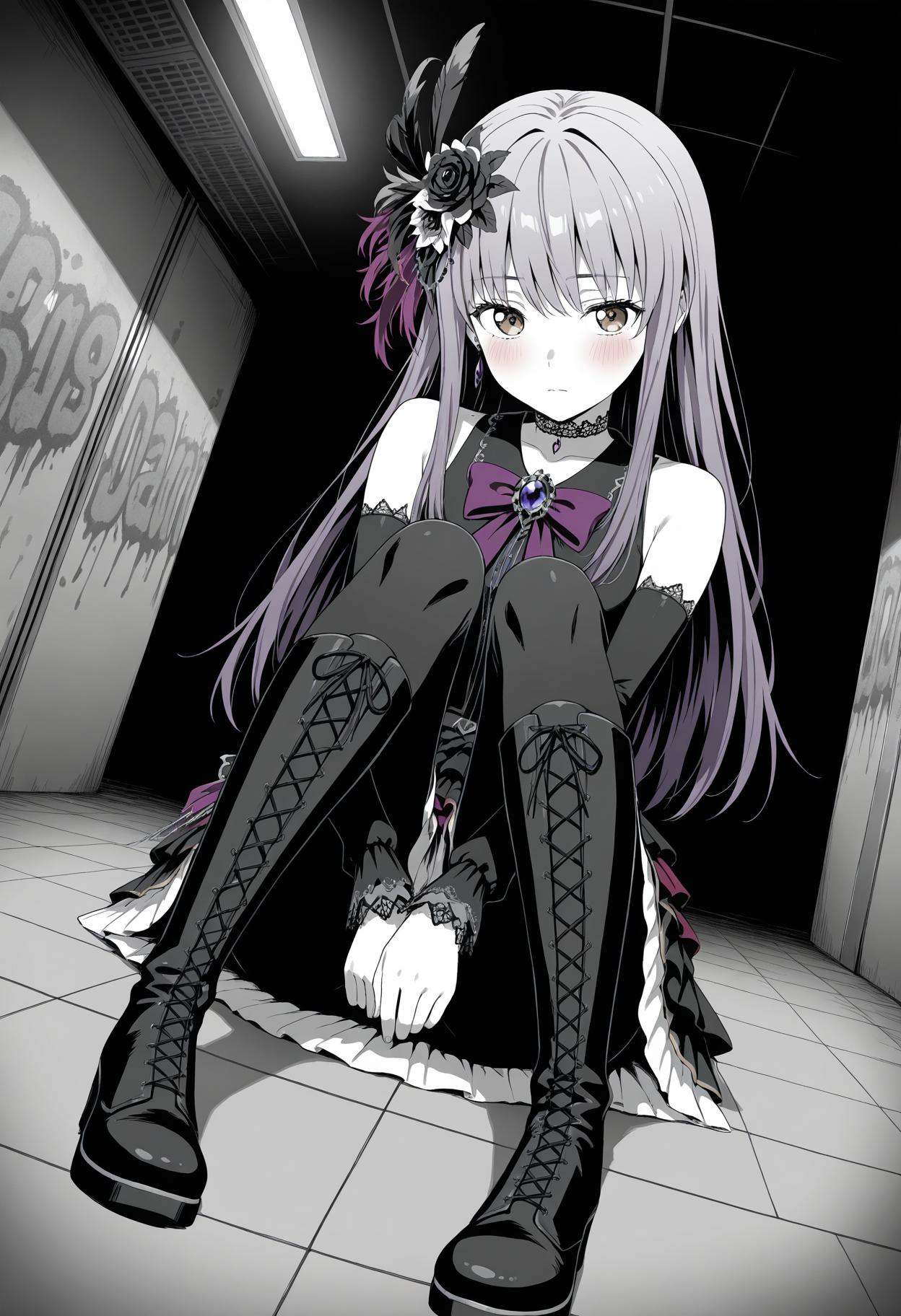 very awa,masterpiece,best quality,year 2024,newest,highres,absurdres,blood,dynamic pose,fisheye lens,subway station,graffiti BREAK masterpiece,best quality,amazing quality,very aesthetic,absurdres,newest,photo-referenced,detailed lighting,detailed shading,detailed background,detailed foreground,detailed clothing,chiaroscuro,dark,dutch angle,perspective,close-up,(monochrome:1.2),(spot_color:1.2),(halftone:1.2),(greyscale:1.2),brown eyes,long hair,purple hair,diertao,bare shoulders,dier high-top black boots,dier purple bow bowtie,dier lace choker,dier cross-laced footwear,dier detached sleeves,dier earrings,dier feather hair ornament,frills,dier hair flower,dier lace-trimmed sleeves,long sleeves,dier skirt side black ribbon,dier layered dress,dier colorful skirts,on floor,sitting,hugging_own_legs,covering_crotch,<lora:凑友希那:1>,Yukina Minato