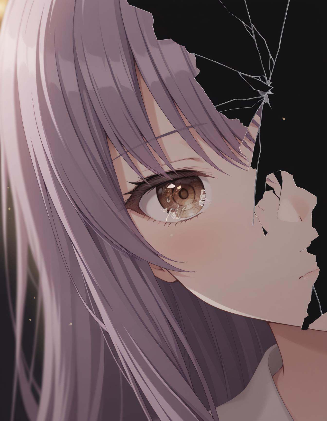 high res image,masterpiece,best quality,ultra detailed eyes,simple background,best quality,masterpiece,1girl,solo,looking at viewer,1girl,depth of field,face_focus,<lora:凑友希那:1>,Yukina Minato,brown eyes,long hair,purple hair,black_background,(broken theme:1.3),(rich impact of the picture:1.8),(Looking at viewer through glass shards:1.3),(reflection:1.5),(glass shards:1.2),(irregular fragments:1.4),(broken glass:1.4),(torn apart:1.2),(pieces of floating glass:1.2),(split hair:1.3),(falling glass shards:1.2),close-up,backlight
