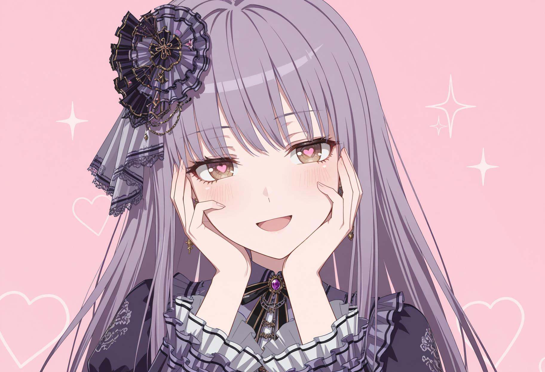 masterpiece,best quality,very aesthetic,absurdres,newest,no lineart,portrait,1girl,close-up,flat color,upper body,eye focus,sparkle,blush,look at looking at viewer,heart-shaped pupils,:d,head_tilt,hands together,hands on right face,pink background,love background,brown eyes,long hair,purple hair,diyitao,diyi ankle strap,diyi corset,diyi earrings,diyi frilled sleeves,diyi hair ornament,diyi neck ribbon,<lora:凑友希那-000012:1>,half squinting