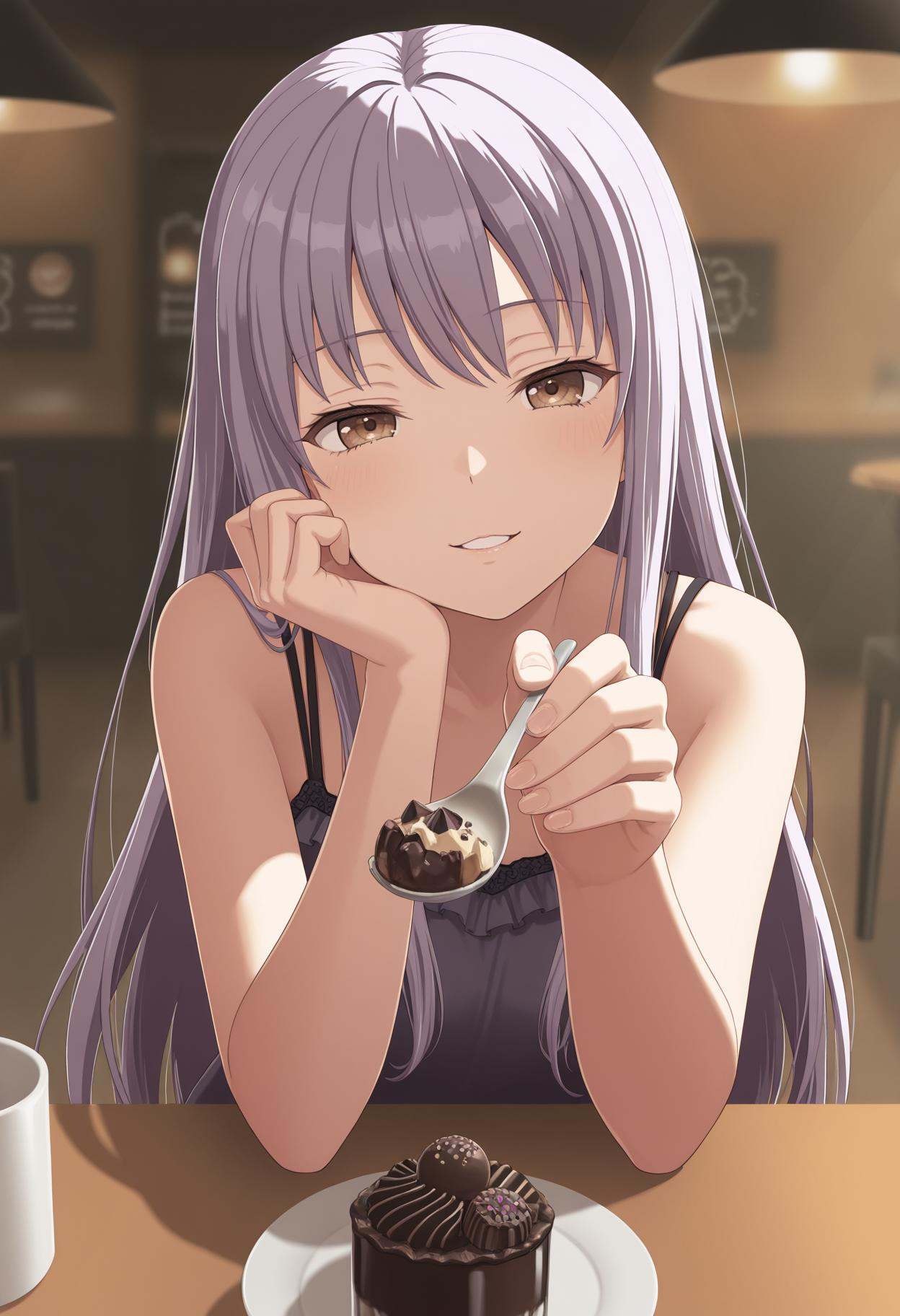 masterpiece,best quality,amazing quality,detailed eyes,beautiful face,volumetric lighting,dramatic shadows,cinematic lighting,upper body,from front,pov,close up,1girl,solo,embarrass,looking at viewer,parted lips,smile,head tilt,leaning forward,cafe,sitting,chocolate dessert,(incoming food:1.4),(feeding:1.6),dessert spoon,holding spoon,(reaching towards viewer:1.1),(reaching:1.1),(hands up),head rest on hand,volumetric lighting,shadow,urban:0.8,japansese street:0.8,rule of third,camisole,<lora:凑友希那:1>,Yukina Minato,brown eyes,long hair,purple hair,half squinting
