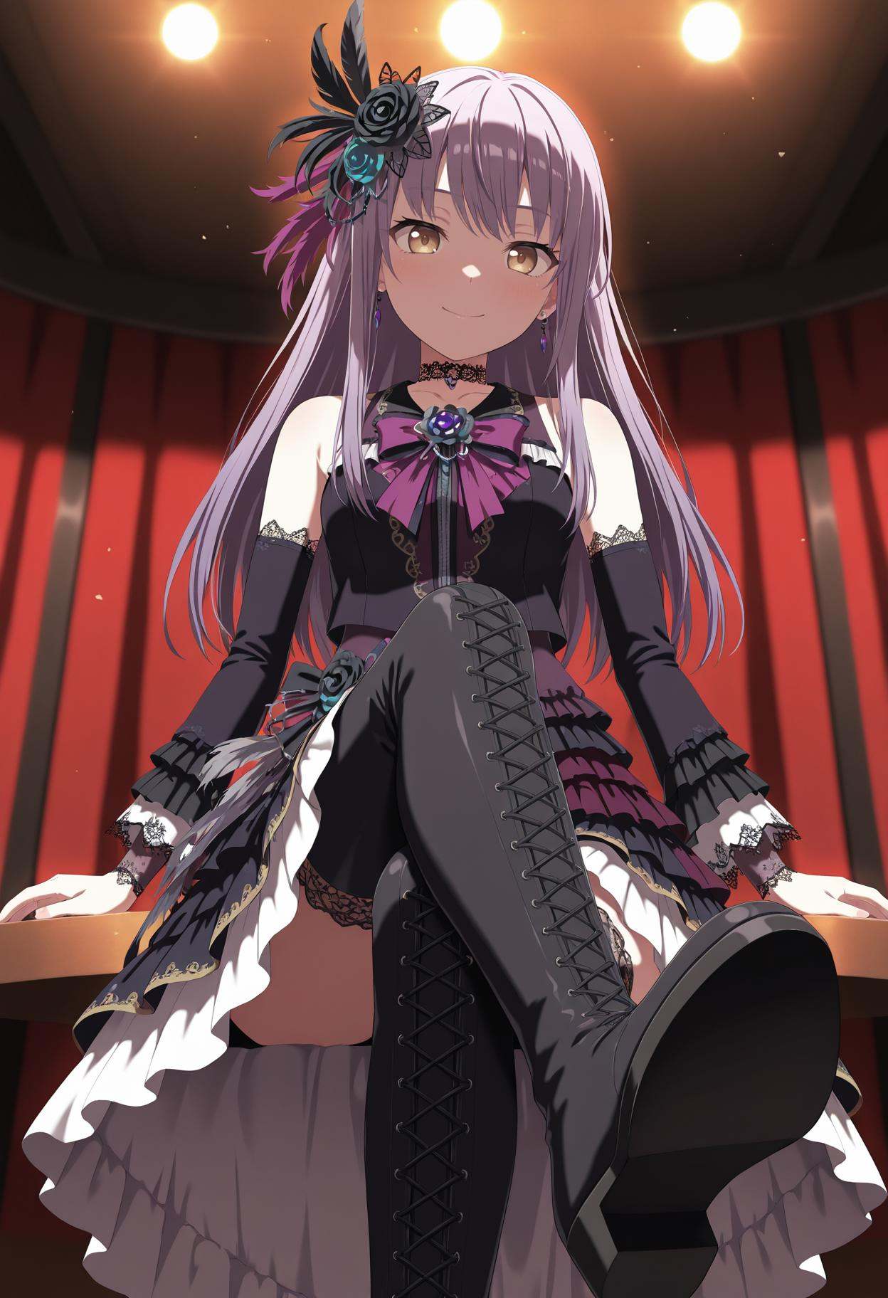 masterpiece,best quality,ultra-detailed,very aesthetic,sharp focus,vibrant colors,ray tracing,best lighting,detailed illustration,detailed background,cinematic,general,sensitive,explicit,neon,light,vibrant colors,glow,score_9,score_8_up,score_7_up,source_anime,looking_down,from_below,sit on the edge of the stage,stage,concert,sound,voicevox,red curtain,soft shadows,soft natural lighting,dramatic lighting,(rich tones:0.9),low angle,(gradient:1.1),looking_at_viewer,smile,(darkness:1.5),(foot focus:1.1),front view,crossed_legs,brown eyes,long hair,purple hair,diertao,bare shoulders,dier high-top black boots,dier purple bow bowtie,dier lace choker,dier cross-laced footwear,dier detached sleeves,dier earrings,dier feather hair ornament,frills,dier hair flower,dier lace-trimmed sleeves,long sleeves,dier skirt side black ribbon,dier layered dress,dier colorful skirts,<lora:凑友希那:1>