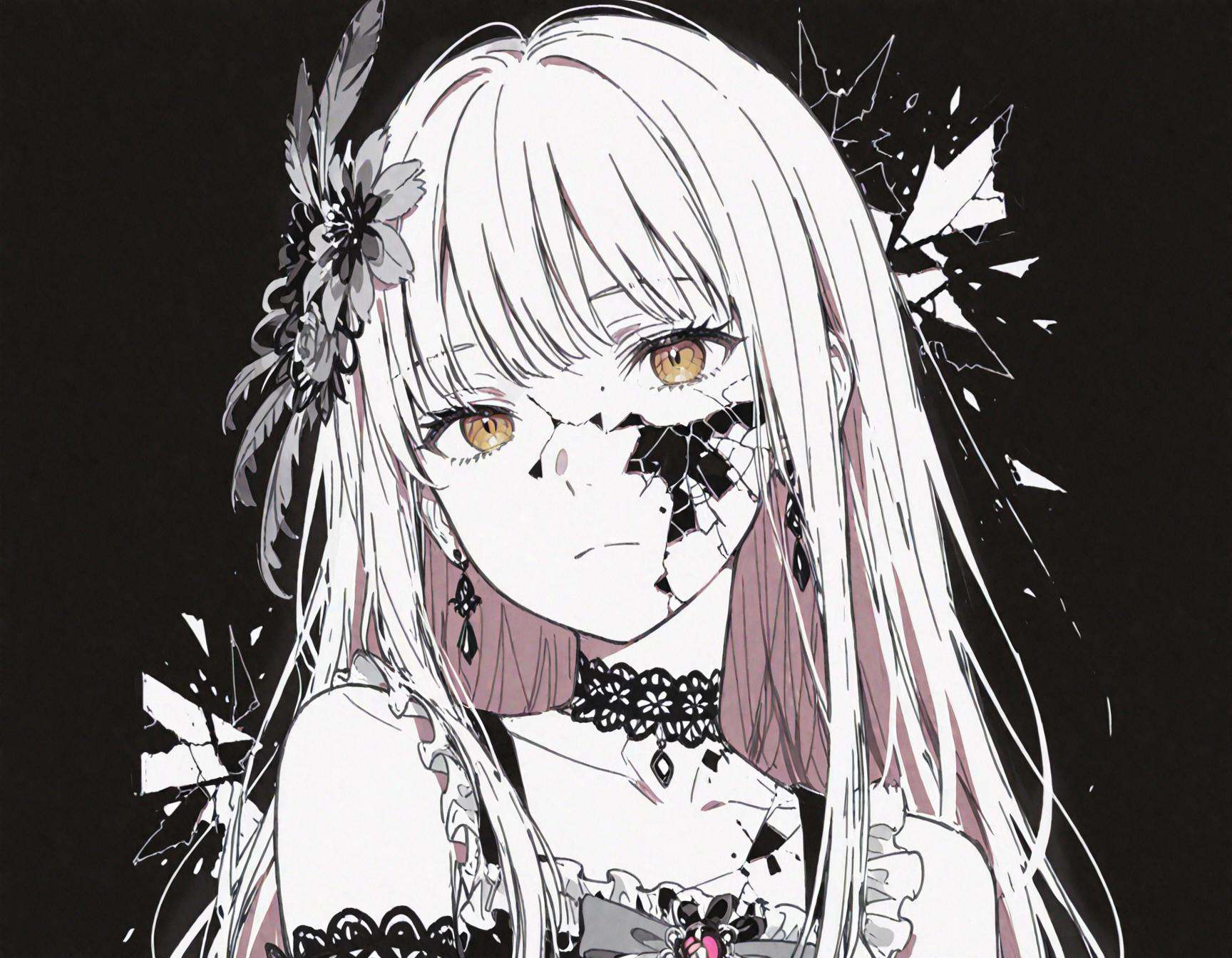 simple background,best quality,masterpiece,1girl,solo,looking at viewer,1girl,depth of field,face_focus,<lora:凑友希那:1>,half squint,Yukina Minato,long hair,black_background,(broken theme:1.3),(broken picture:1.5),(background broken:1.3),close-up,(sketch:1.8),(spot_color:1.8),black and white,(monochrome:1.8),(sketch:1.3),golden eyes,crack all over,((no colour:1.9)),diertao,bare shoulders,dier bow bowtie,dier lace choker,dier detached sleeves,dier earrings,dier feather hair ornament,frills,dier hair flower,dier lace-trimmed sleeves,dier layered dress