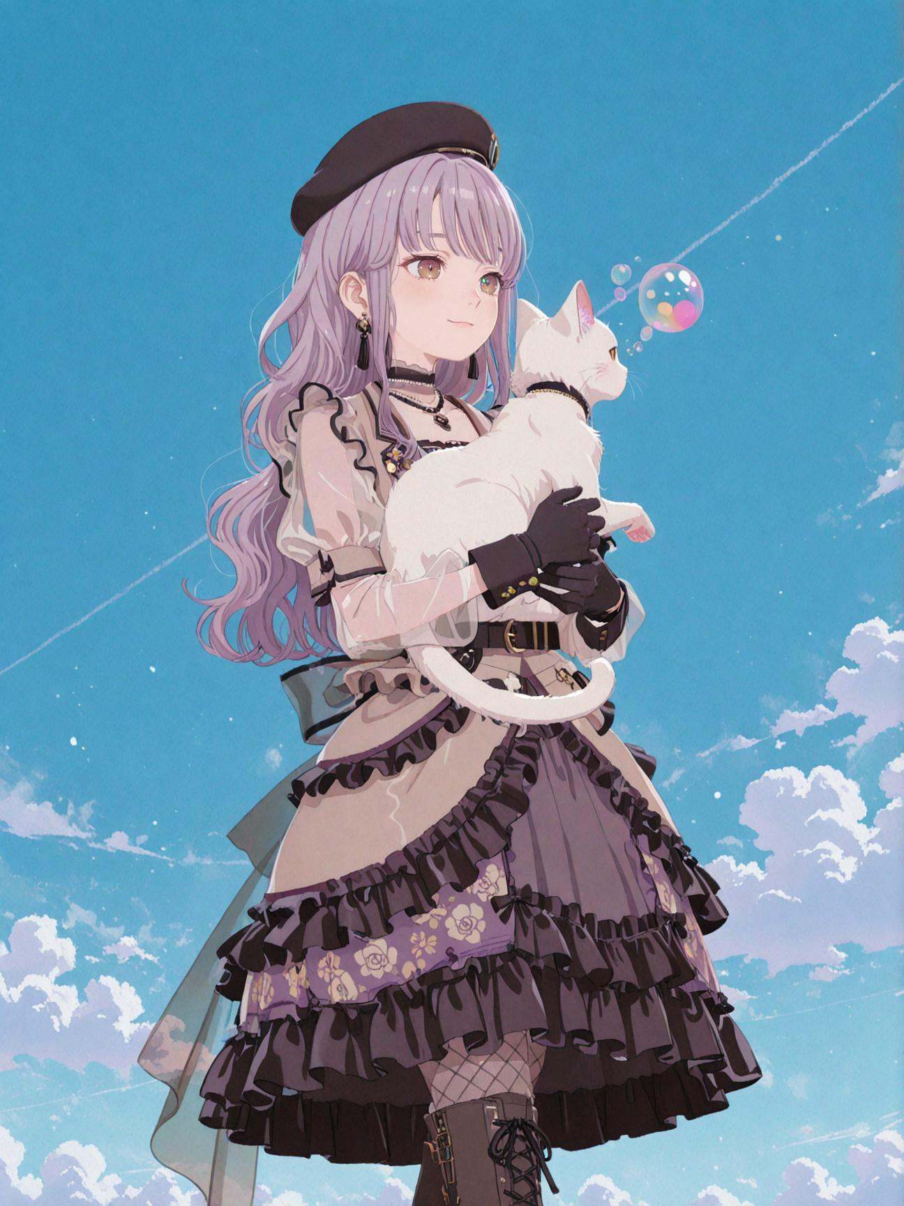 HDR,8K,high contrast,masterpiece,best quality,amazing quality,very aesthetic,high resolution,ultra-detailed,absurdres,solo,1girl,<lora:凑友希那:1>,Yukina Minato,brown eyes,long hair,purple hair,disantao,disan back balck bow,disan black belt,disan black beret,disan black gloves,disan cross-laced footwear,disan colorful dress,disan earrings,dian fishnet pantyhose,frills,disan brown jacket,disan jewelry,disan balck knee boots,disan colourful long sleeves,disan necklace,disan puffy short sleeves,disan see-through sleeves,disan sidelocks,disan waist bow,disan wavy hair,(blue_sky:1.2),(cirrus_fibratus:1.1),(Altostratus:1.1),(Cirrocumulus:1.2),walking,(tiantai:1.1),(outdoors:1.1),(empty:1.2),day,no sun,from_below,kind_smile,parted_lips,(holding_cat:1.2),smile,cowboy_shot,looking_at_animal,(love bubble:1.2),(❤:1.2),(white cat:1.2),cat heterochromatic pupil,)