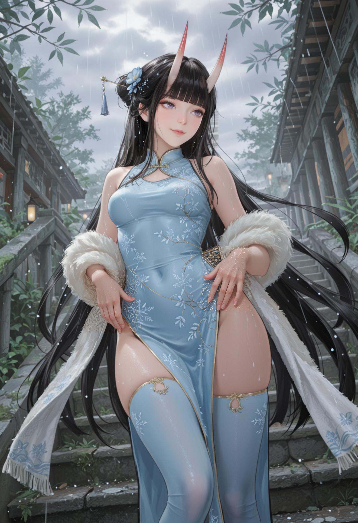 cosplay,dynamic lighting,very awa,masterpiece,best qualitymasterpiece,best quality,amazing quality,very aesthetic,absurdres,newest,extreme aesthetic,in the style of fashion photography,light particles,cinematic lighting,Visual impact,sharp focus,Emotionalization,depth of field,dutch angle,scenery,moss,REAL STONE TEXTURE,marble guardrail,stone stairs,back to back,walk up,from_below,1girl,solo,gale,smog,fog,hair blowing,black_cloud,heavy rain,crystal clear drops of water,<lora:能代:1>,black hair,gradient red horns,very long hair,purple eyes,blunt bangs,disantao,hair bun,bare shoulders,china dress,blue china dress,blue thighhighs,chinese clothes,hair flower,hair ornament,medium breasts,pelvic curtain,shawl,side slit,sleeveless,snowflake print,smile,hands_on_hips,