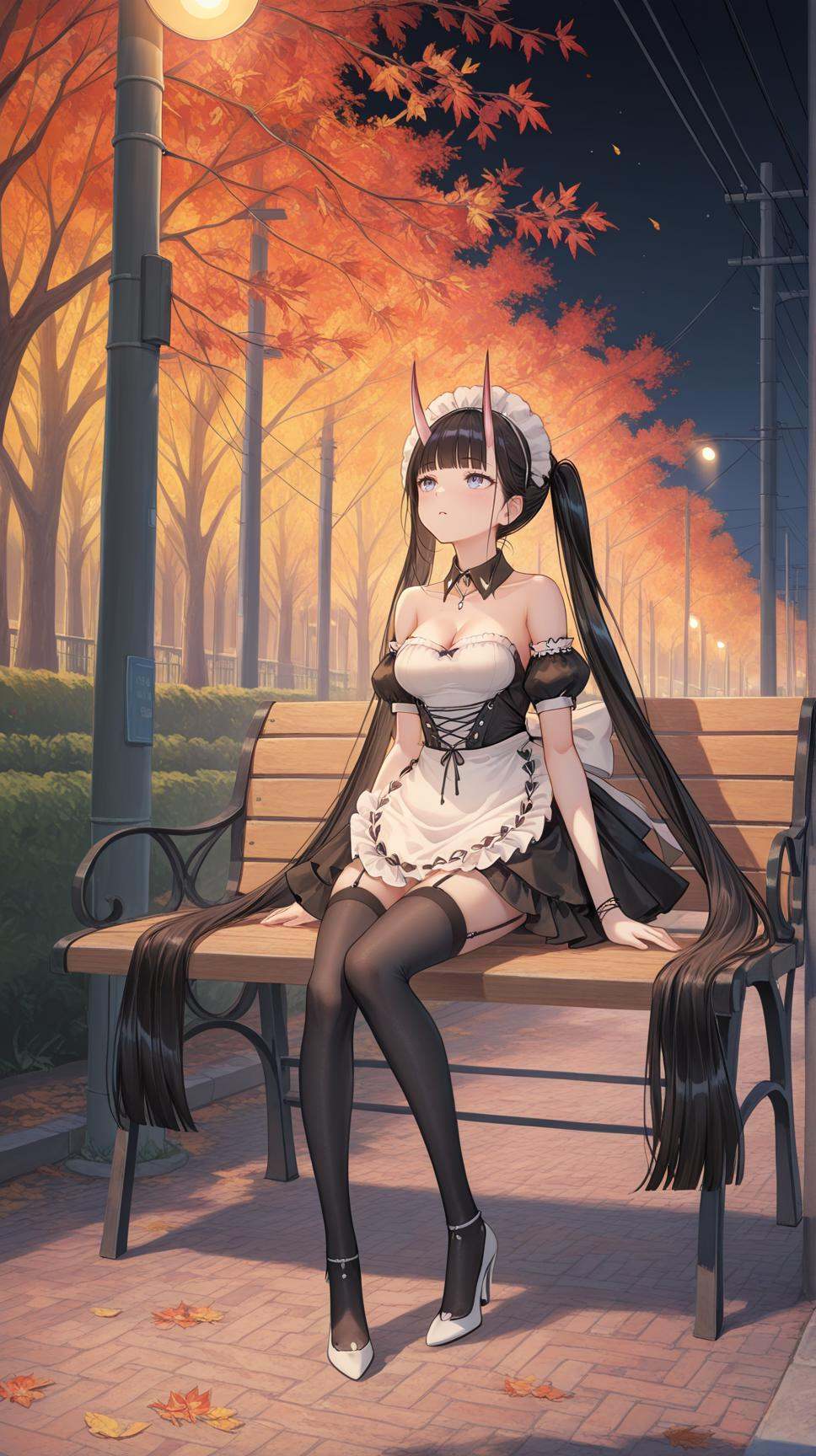 1girl,(oil painting \(medium\):1.3),(watercolor effect:1.2),masterpiece,best quality,detailed eyes,sitting on a bench,arms on lap,night scene,public park,utility pole,warm streetlight,autumn leaves,serene expression,looking up,soft lighting,cinematic atmosphere,moody,detailed background,painterly style,digital painting,peaceful,anime-inspired,atmospheric,solitude,quiet night,warm and cool contrast,wide shot,full body,<lora:能代-000012:1>,black hair,gradient red horns,very long hair,purple eyes,blunt bangs,diertao,twintails,maid,maid apron,white apron,white footwear,maid headdress,bare shoulders,black thighhighs,bracelet,breasts,cleavage,collarbone,detached collar,detached sleeves,dress,frills,garter straps,high heels,jewelry,medium breasts,puffy short sleeves,puffy sleeves,thighhighs,
