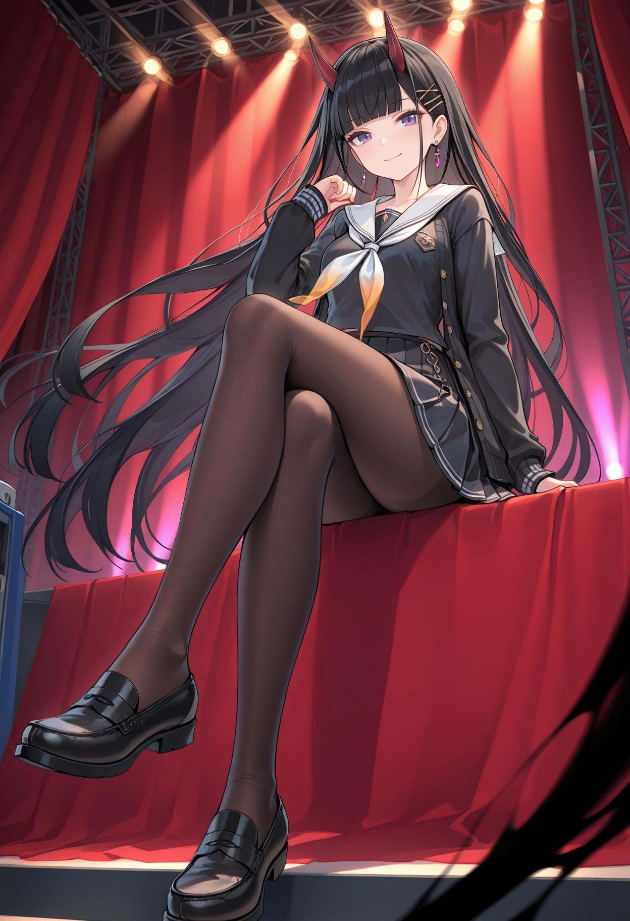 masterpiece,best quality,ultra-detailed,very aesthetic,sharp focus,vibrant colors,ray tracing,best lighting,detailed illustration,detailed background,cinematic,general,sensitive,explicit,neon,light,vibrant colors,glow,score_9,score_8_up,score_7_up,source_anime,looking_down,from_below,sit on the edge of the stage,stage,concert,sound,voicevox,red curtain,soft shadows,soft natural lighting,dramatic lighting,(rich tones:0.9),low angle,(gradient:1.1),looking_at_viewer,smile,(darkness:1.5),(foot focus:1.1),front view,crossed_legs,<lora:能代-000012:1>,black hair,gradient red horns,very long hair,purple eyes,blunt bangs,diyitao,school uniform,serafuku,black cardigan,black pantyhose,sailor collar,white sailor collar,x hair ornament,black serafuku,black skirt,pleated skirt,black shirt,neckerchief,long sleeves,open cardigan,loafers,brown pantyhose,cardigan,earrings,jewelry,hair ornament,hairclip,