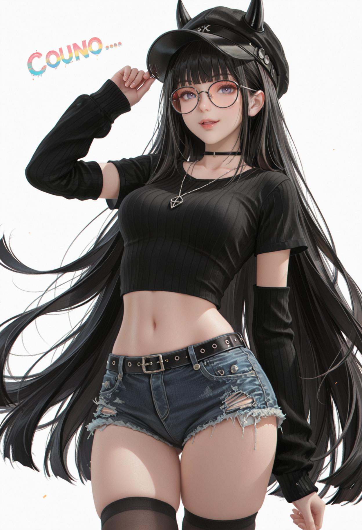cosplay,masterpiece,best quality,amazing quality,very aesthetic,absurdres,dynamic lighting,very awa,masterpiece,best quality1girl,solo,pose,sound effects,(colorful:1.1),open mouth,(no lineart:1.1),(limited palette:1.1),white background,simple background,skirt,smile,<lora:能代:1>,black hair,very long hair,purple eyes,blunt bangs,diqitao,glasses,(red-tinted eyewear:1.1),round eyewear,hat,belt,jewelry,black choker,black headwear,black thighhighs,black shirt,breasts,crop top,denim shorts,cutoffs,detached sleeves,long sleeves,medium breasts,midriff,necklace,short sleeves,