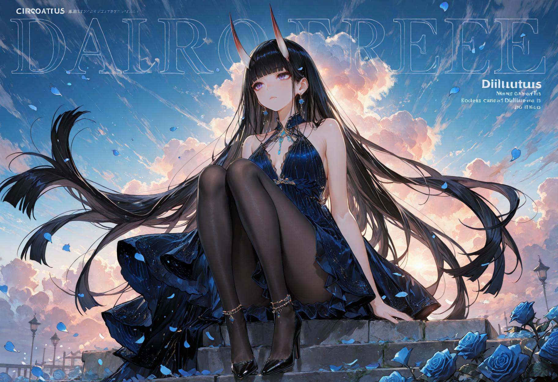 solo,(front view:1.3),looking_away,Cirrocumulus,Cirrostratus,sky,wind,petals,magazine cover,backlighting,text,masterpiece,best quality,amazing quality,very awa,absurdres,newest,very aesthetic,<lora:能代:0.9>,diliutao,bare arms,bare shoulders,black footwear,black pantyhose,high heels,blue dress,blue rose,breasts,earrings,jewelry,sleeveless,anklet,black hair,gradient red horns,very long hair,purple eyes,blunt bangs,anklet,masterpiece,best quality,amazing quality,very aesthetic,absurdres,newest,
