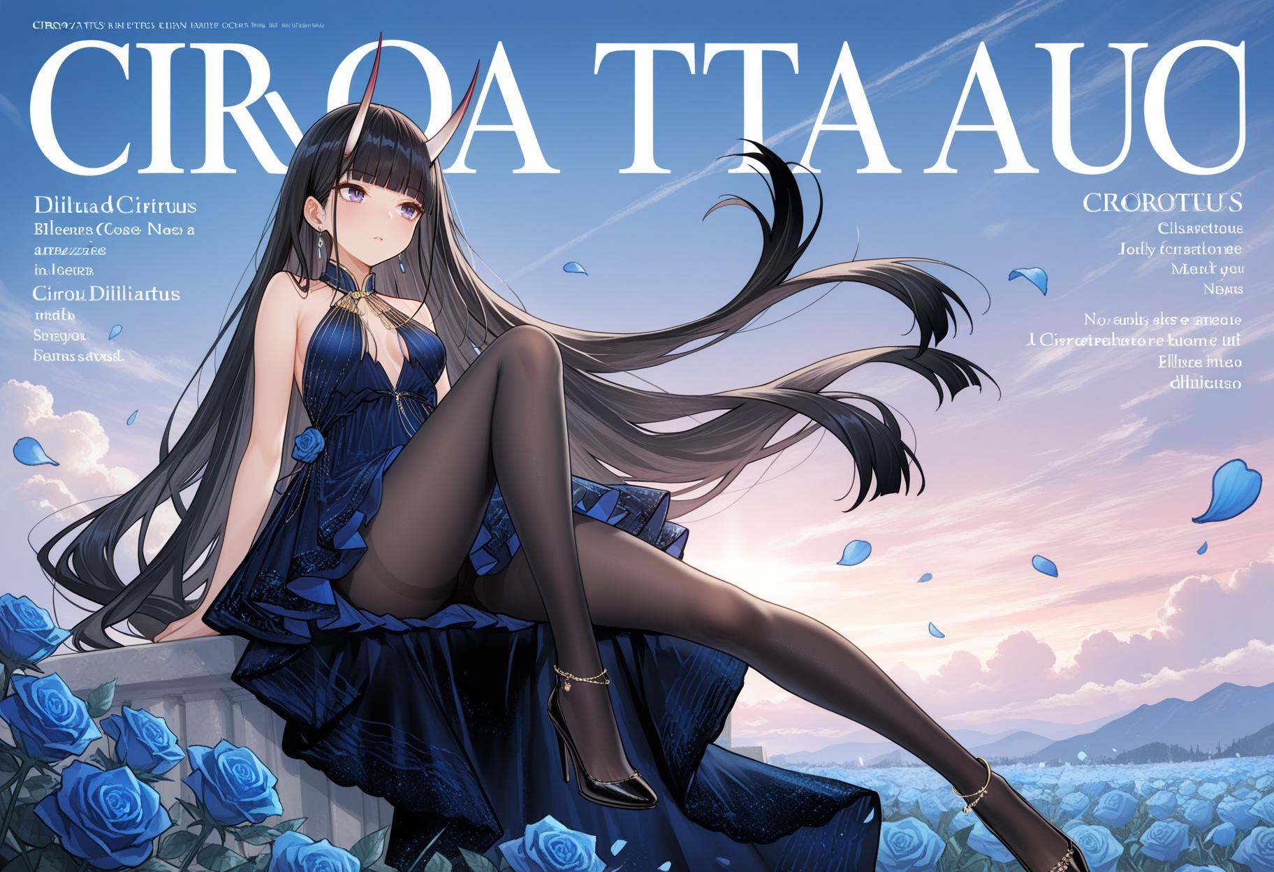 solo,(front view:1.3),looking_away,Cirrocumulus,Cirrostratus,sky,wind,petals,magazine cover,backlighting,text,masterpiece,best quality,amazing quality,very awa,absurdres,newest,very aesthetic,<lora:能代-000012:0.9>,diliutao,bare arms,bare shoulders,black footwear,black pantyhose,high heels,blue dress,blue rose,breasts,earrings,jewelry,sleeveless,anklet,black hair,gradient red horns,very long hair,purple eyes,blunt bangs,anklet,