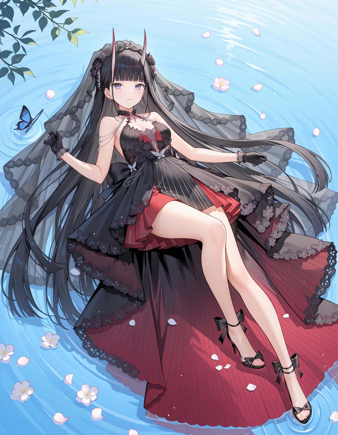 1girl,full body,score_9,score_8_up,score_7_up,source_anime,on back,barefooted,water,petals,butterfly,ripples,soft natural lighting,soft shadows,blue theme,in spring,day,from_side,from_above,looking_up,masterpiece,best quality,ultra-detailed,very aesthetic,sharp focus,vibrant colors,ray tracing,best lighting,detailed illustration,detailed background,cinematic,black hair,gradient red horns,very long hair,purple eyes,blunt bangs,disitao,ankle bow,bare shoulders,black bow,black dress,black flower,high heels,strappy heels,black footwear,black gloves,bow,breasts,bridal veil,black bridal veil,earrings,hair ornament,<lora:能代-000012:1>,red dress