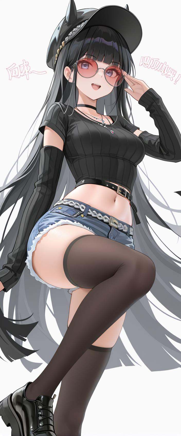 1girl,solo,pose,sound effects,(colorful:1.1),open mouth,(no lineart:1.1),(limited palette:1.1),white background,simple background,skirt,smile,masterpiece,best quality,<lora:能代-000012:1>,black hair,very long hair,purple eyes,blunt bangs,diqitao,glasses,red-tinted eyewear,round eyewear,hat,belt,jewelry,black choker,black footwear,black headwear,black thighhighs,black shirt,breasts,crop top,denim shorts,cutoffs,detached sleeves,long sleeves,medium breasts,midriff,necklace,short sleeves,