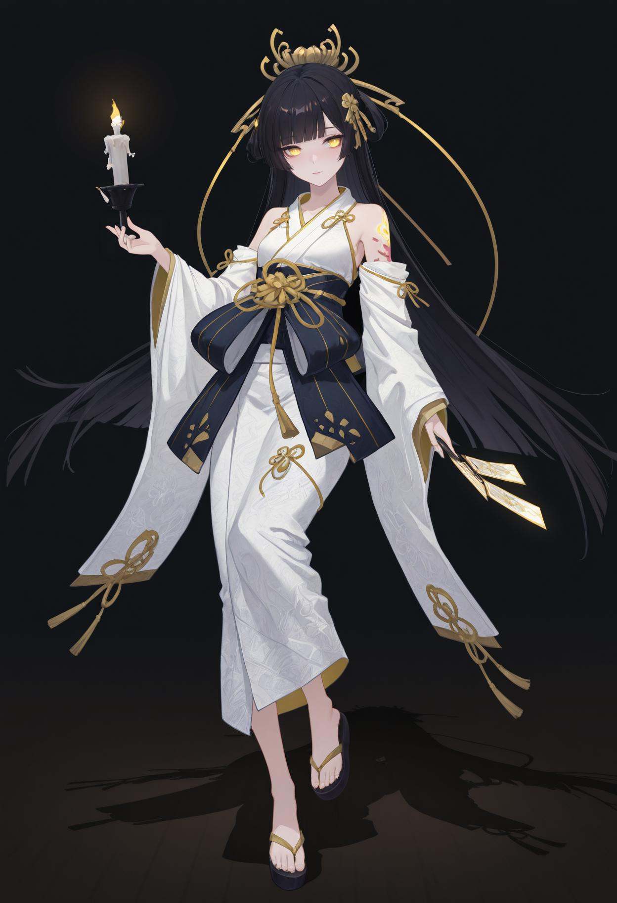 masterpiece,best quality,amazing quality,very aesthetic,<lora:基础模型-000012:1>,diertao,black hair,yellow eyes,blunt bangs,candle,white kimono,detached sleeves,glowing,hair ornament,holding,kimono,long sleeves,sandals,sash,tattoo,very long hair,wide sleeves,simple_background,black_background,