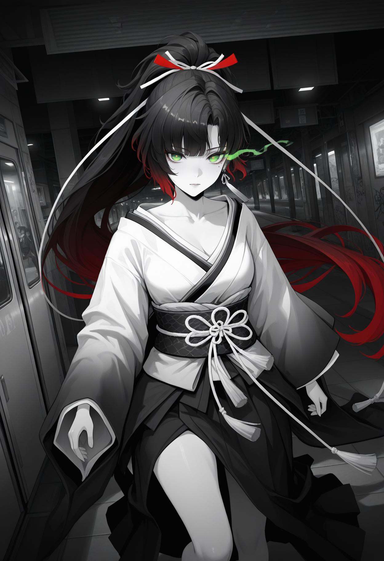 very awa,masterpiece,best quality,year 2024,newest,highres,absurdres,glowing eye,blood,dynamic pose,fisheye lens,subway station,graffiti BREAK masterpiece,best quality,amazing quality,very aesthetic,absurdres,newest,photo-referenced,detailed lighting,detailed shading,detailed background,detailed foreground,detailed clothing,detailed eyes,chiaroscuro,dark,dutch angle,perspective,close-up,monochrome,spot_color,halftone,greyscale,<lora:基础模型-000012:1>,disitao,green eyes,black hair,multicolored hair,red hair,very long hair,ponytail,mole under eyebare legs,sash,ribbon,collarbone,earrings,hair ornament,hair ribbon,jewelry,White gradient kimono,long sleeves,wide sleeves,upper_body,