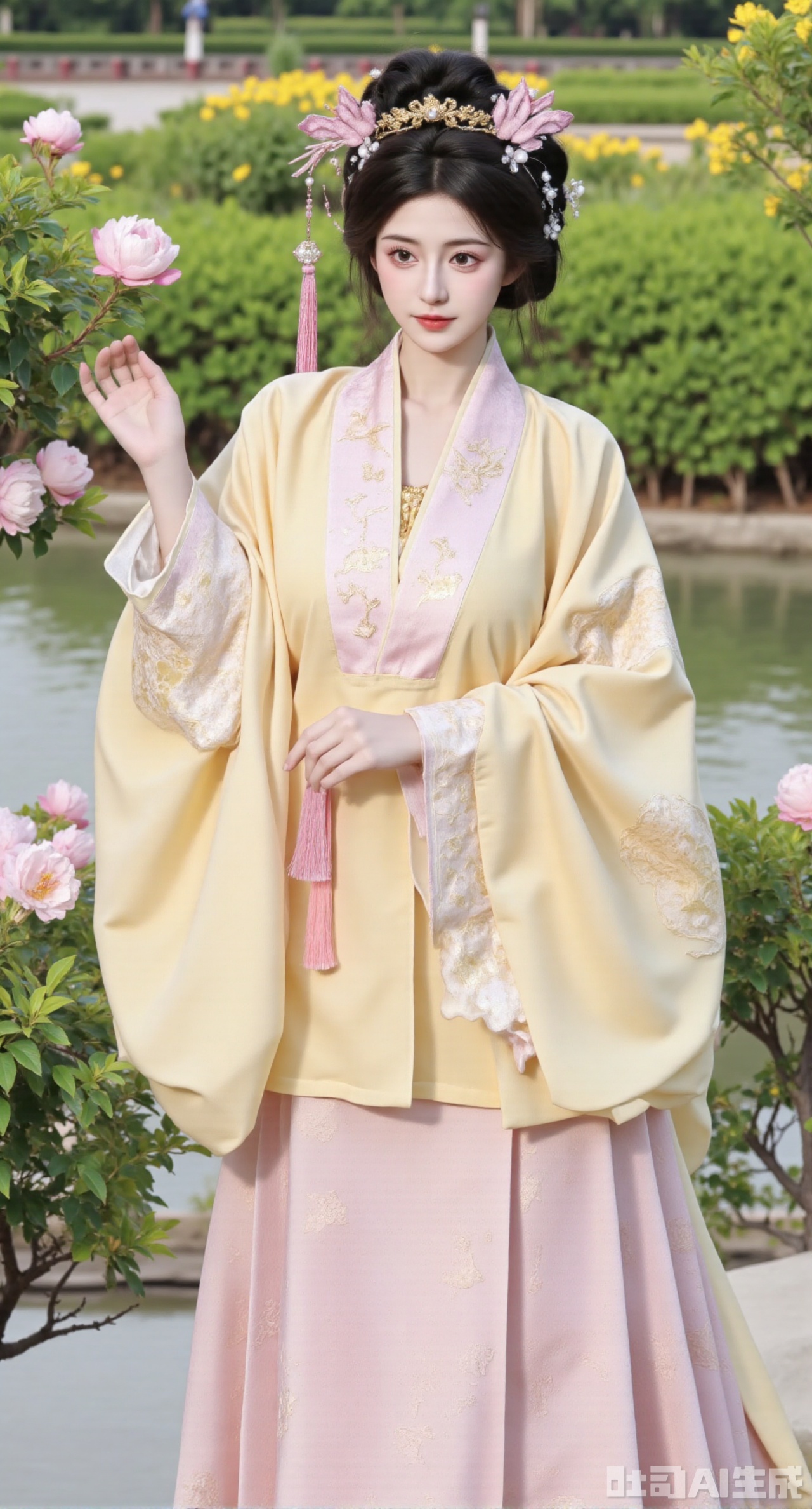 masterpiece, best quality, In spring, a Ming - style Hanfu girl wearing a goose - yellow beizi paired with a pink mamianqun shuttles through the flower bushes in the ancient - style garden. The goose - yellow beizi is made of light and thin gauze, embroidered with Song - style butterfly and flower patterns. The collar and cuffs are inlaid with light - pink lace, and goose - yellow silk - thread tassels hang from the cuffs. The mamianqun is embroidered with delicate peony patterns, and a pink coral yingluo hangs at the skirt gate. She wears a butterfly hairpin on her head, adorned with pink bead strings. She has pink pearl earrings and a pink crystal bracelet on her wrist. Flowers are in full bloom in the flower bushes, and butterflies are flying, creating a fresh and romantic spring scene,, (huge breasts, full breasts:2.99),Xhanfududou,Xsongzhihanfu,Xmingzhihanfu,XshixiaoyinyueY