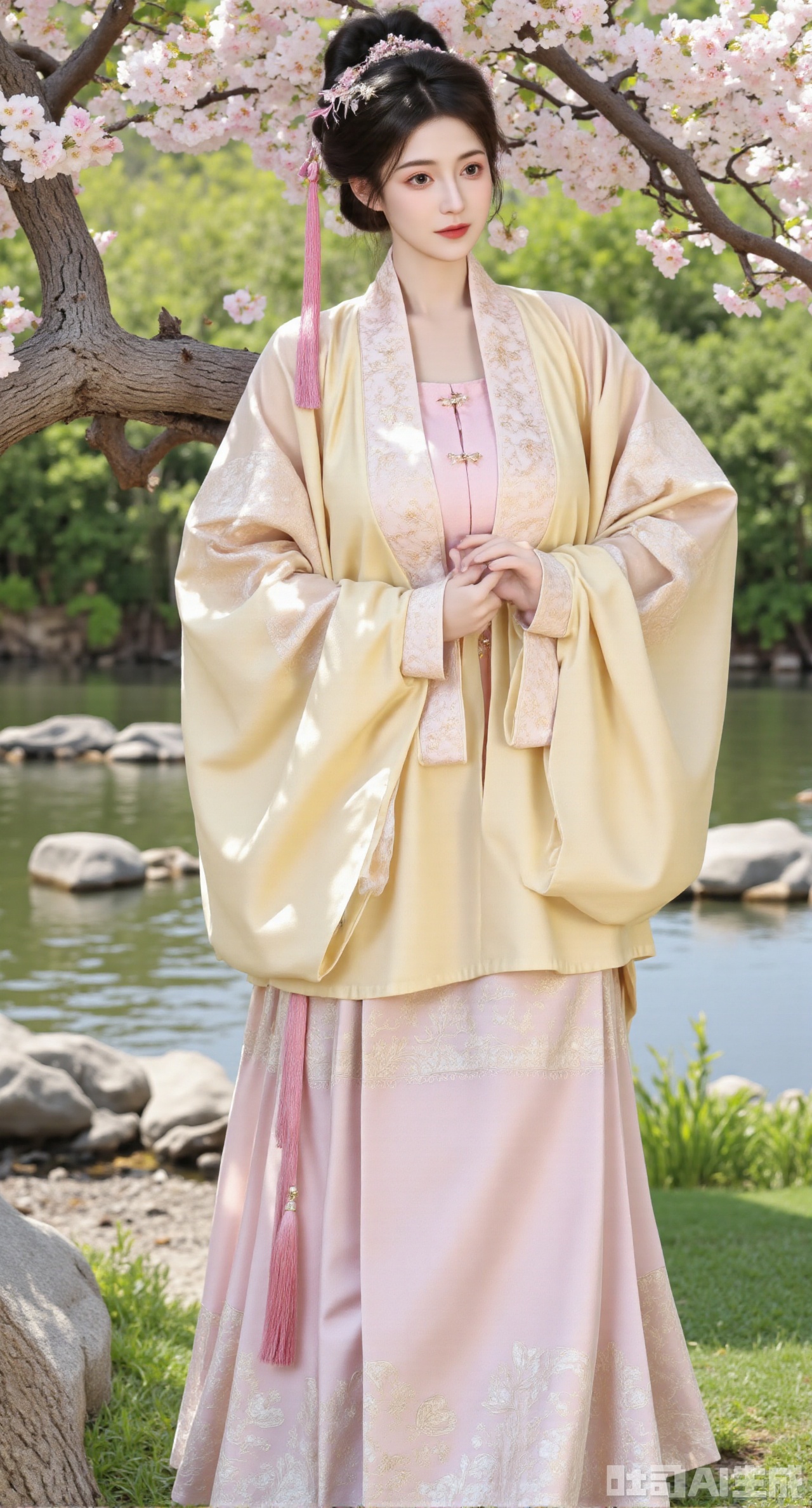 masterpiece, best quality, In spring, a Ming - style Hanfu girl wearing a goose - yellow beizi paired with a pink mamianqun shuttles through the flower bushes in the ancient - style garden. The goose - yellow beizi is made of light and thin gauze, embroidered with Song - style butterfly and flower patterns. The collar and cuffs are inlaid with light - pink lace, and goose - yellow silk - thread tassels hang from the cuffs. The mamianqun is embroidered with delicate peony patterns, and a pink coral yingluo hangs at the skirt gate. She wears a butterfly hairpin on her head, adorned with pink bead strings. She has pink pearl earrings and a pink crystal bracelet on her wrist. Flowers are in full bloom in the flower bushes, and butterflies are flying, creating a fresh and romantic spring scene,, (huge breasts, full breasts:2.99),Xhanfududou,Xsongzhihanfu,Xmingzhihanfu,XshixiaoyinyueY