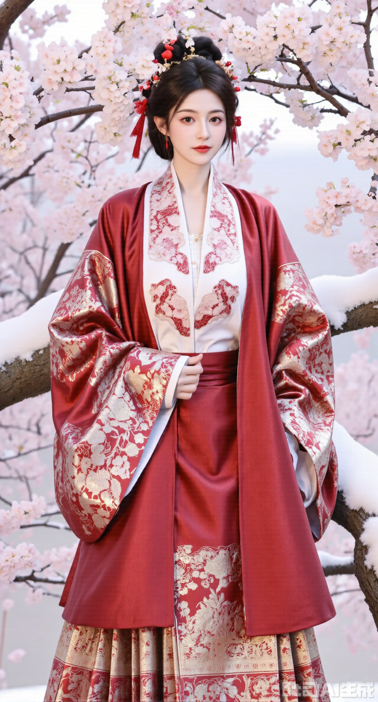 masterpiece, best quality, In winter, a girl in Ming - style Hanfu, wearing a red Cape, stands under the plum - blossom tree in the garden. The Cape is brightly red, with plum - blossom patterns woven using Song - style kesi technique. The collar and cuffs are inlaid with white fluff, and the edge is decorated with tassels made of red silk threads. The girl wears a white bijia inside, embroidered with light - pink plum blossoms, paired with a red Mamianqun. The Mamianqun is embroidered with silver snow - flake patterns, and a red coral yingluo hangs at the skirt gate. She wears a red plum - blossom hairpin, red jade - pendant earrings, and a white fox - fur scarf around her neck. The plum - blossom tree blooms defying the snow, and snowflakes are floating down in profusion, creating a winter beauty that combines Japanese - style freshness with ancient - style charm, (huge breasts, full breasts:2.99),Xhanfududou,Xsongzhihanfu,Xmingzhihanfu,XshixiaoyinyueY