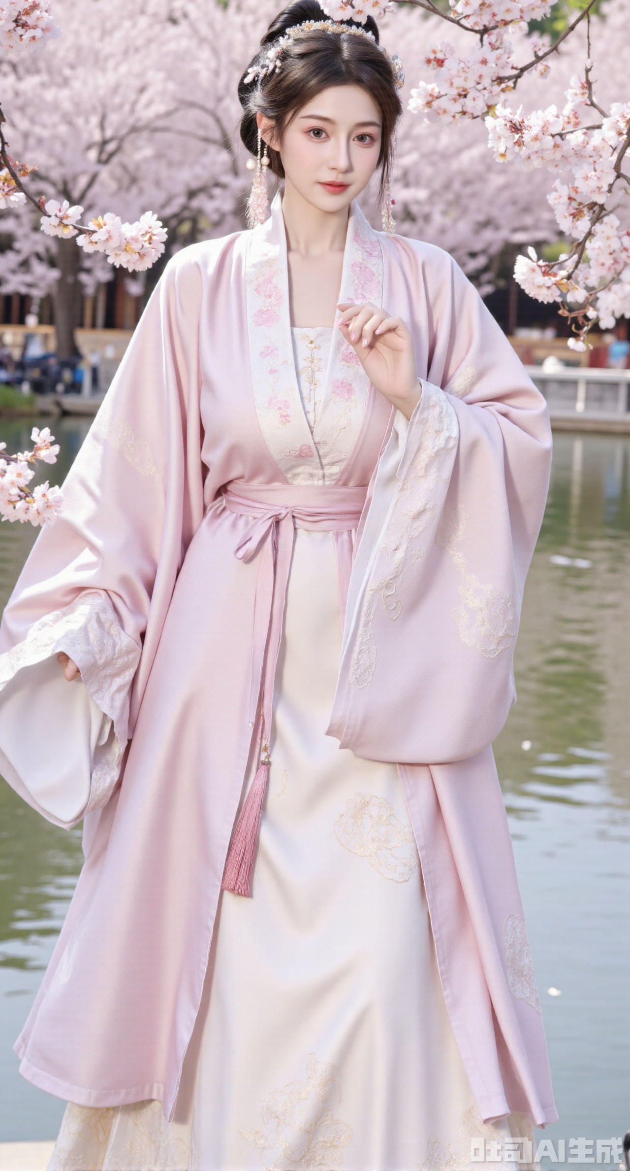 masterpiece, best quality, In spring, a Ming - style Hanfu girl wearing a light - pink front - opening beizi paired with a moon - white mami skirt strolls along the path in the peach forest of the ancient - style garden. The front - opening beizi is light and soft, embroidered with Song - style broken - branch flowers in pink silk thread. The collar and cuffs are inlaid with delicate white lace, and light - pink silk - thread tassels hang from the cuffs. The mami skirt is embroidered with delicate cloud patterns, and a string of lustrous pearl yingluo hangs at the skirt gate. She wears a delicately - shaped peach - blossom hairpin on her head, with pink bead strings hanging from the hairpin swaying gently. She has small peach - shaped pearl earrings and a pink crystal bracelet on her wrist. In the peach forest, peach blossoms are in full bloom, and petals are falling with the wind. In the distance, there are antique pavilions, creating a spring atmosphere that combines Japanese - style freshness with ancient - style charm, (huge breasts, full breasts:2.99),Xhanfududou,Xsongzhihanfu,Xmingzhihanfu,XshixiaoyinyueY