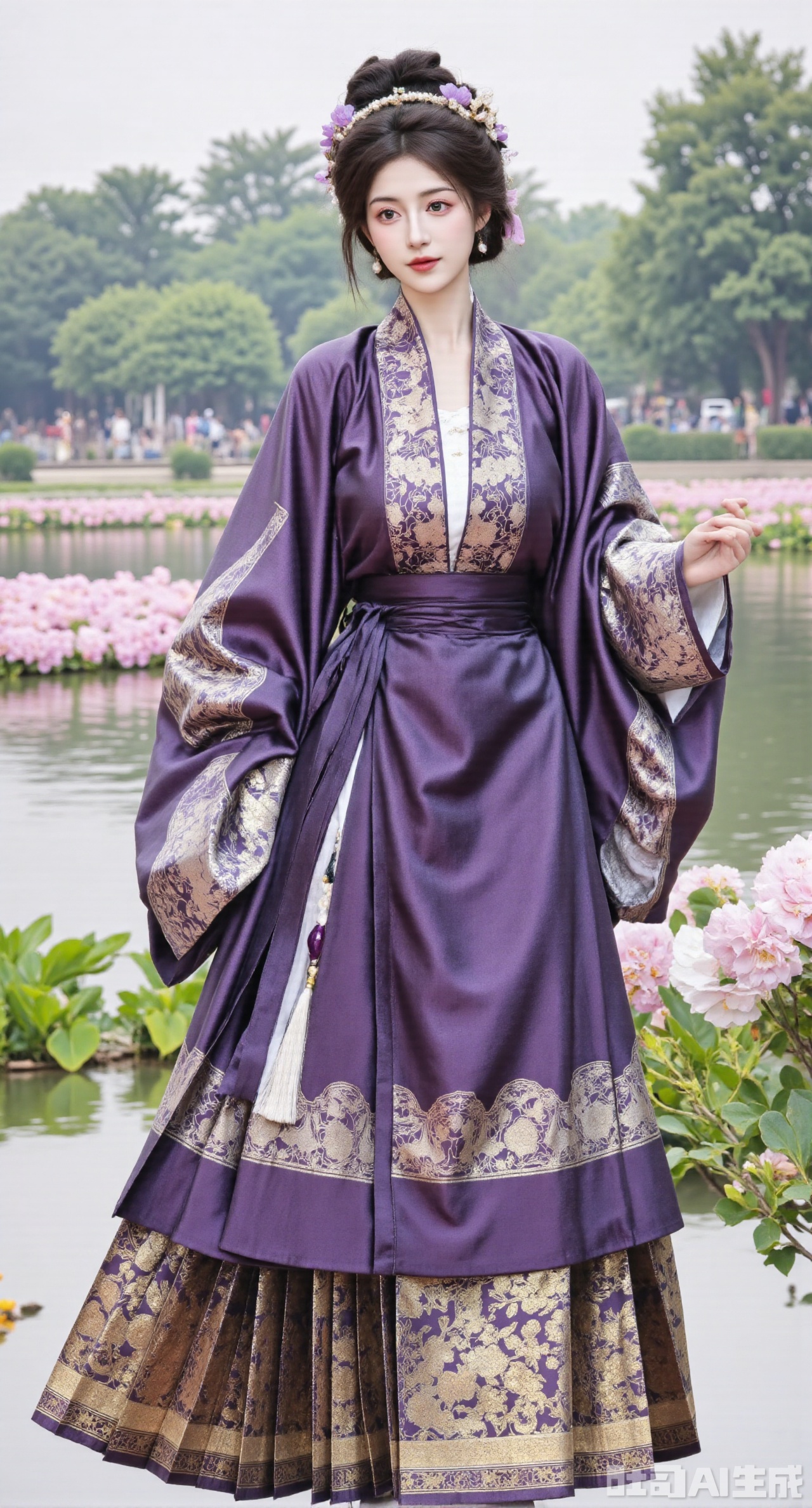 masterpiece, best quality, In autumn, a girl in Ming - style Hanfu, wearing a deep - purple stand - collar long gown paired with a brown Mamianqun, strolls in the chrysanthemum garden of the ancient - style garden. The stand - collar long gown is made of deep - purple silk, embroidered with golden chrysanthemum patterns using Song - style embroidery. The collar is embroidered with golden volute patterns, and the cuffs and hem are decorated with tassels made of golden silk threads. The Mamianqun is embroidered with Song - style chrysanthemum and bamboo patterns, and a brown jade yingluo hangs at the skirt gate. She wears a purple chrysanthemum hair crown on her head, inlaid with pearls. She has purple gemstone earrings and a string of amethyst bracelets on her hand. Chrysanthemums are vying for beauty in the chrysanthemum garden, and the garden pavilions in the distance have more charm against the backdrop of autumn, (huge breasts, full breasts), (huge breasts, full breasts:2.99),Xhanfududou,Xsongzhihanfu,Xmingzhihanfu,XshixiaoyinyueY