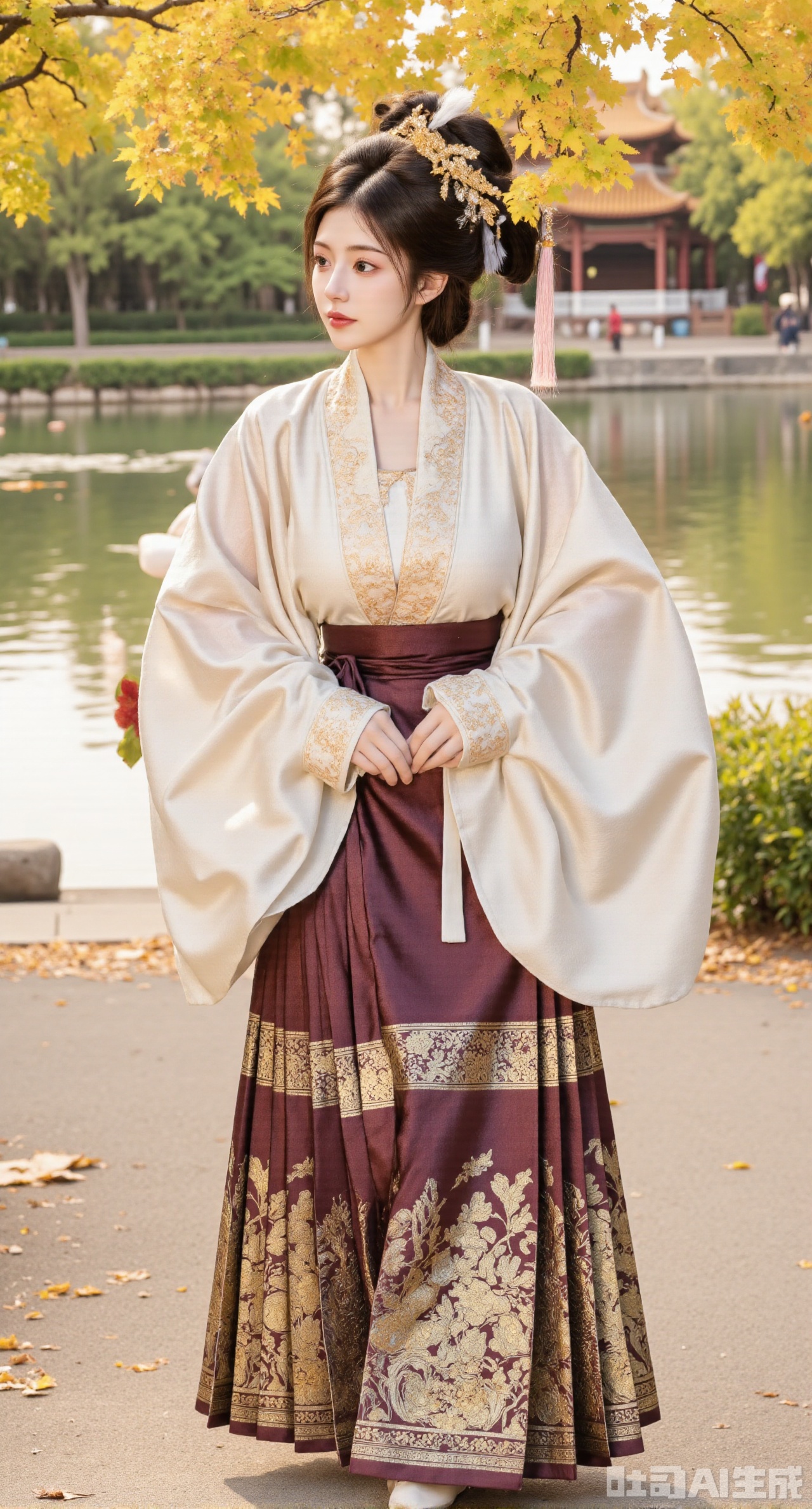 masterpiece, best quality, In autumn, a Ming - style Hanfu girl wearing an off - white short robe paired with a dark - brown horse skirt walks along the ginkgo - tree path in the ancient - style garden. The short robe is made of off - white cotton cloth, embroidered with ginkgo - leaf patterns using Song - style embroidery techniques. The collar and cuffs are inlaid with brown edges, and brown silk - thread tassels hang from the hem. The mami skirt is embroidered with Song - style chrysanthemum patterns, and the skirt gate is decorated with brown jade yingluo. She wears a ginkgo - leaf - shaped headpiece, golden ginkgo - leaf earrings, and a brown agate bracelet on her hand. Golden ginkgo leaves are falling in profusion on the ginkgo - tree path, covering the ground. In the distance, the garden buildings look more ancient in the autumn sunset, (huge breasts, full breasts)(huge breasts, full breasts:2.99),Xhanfududou,Xsongzhihanfu,Xmingzhihanfu,XshixiaoyinyueY