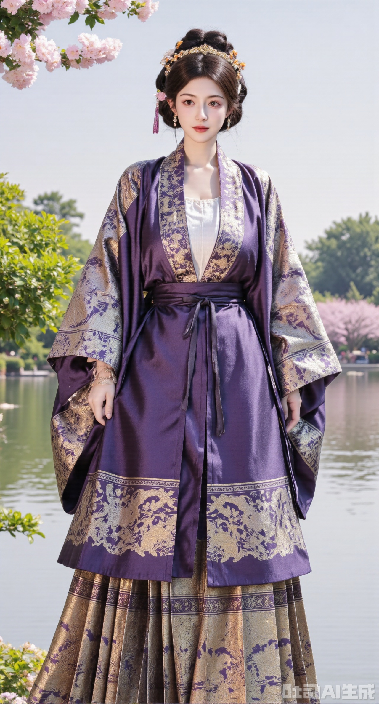 masterpiece, best quality, In autumn, a girl in Ming - style Hanfu, wearing a deep - purple stand - collar long gown paired with a brown Mamianqun, strolls in the chrysanthemum garden of the ancient - style garden. The stand - collar long gown is made of deep - purple silk, embroidered with golden chrysanthemum patterns using Song - style embroidery. The collar is embroidered with golden volute patterns, and the cuffs and hem are decorated with tassels made of golden silk threads. The Mamianqun is embroidered with Song - style chrysanthemum and bamboo patterns, and a brown jade yingluo hangs at the skirt gate. She wears a purple chrysanthemum hair crown on her head, inlaid with pearls. She has purple gemstone earrings and a string of amethyst bracelets on her hand. Chrysanthemums are vying for beauty in the chrysanthemum garden, and the garden pavilions in the distance have more charm against the backdrop of autumn, (huge breasts, full breasts), (huge breasts, full breasts:2.99),Xhanfududou,Xsongzhihanfu,Xmingzhihanfu,XshixiaoyinyueY