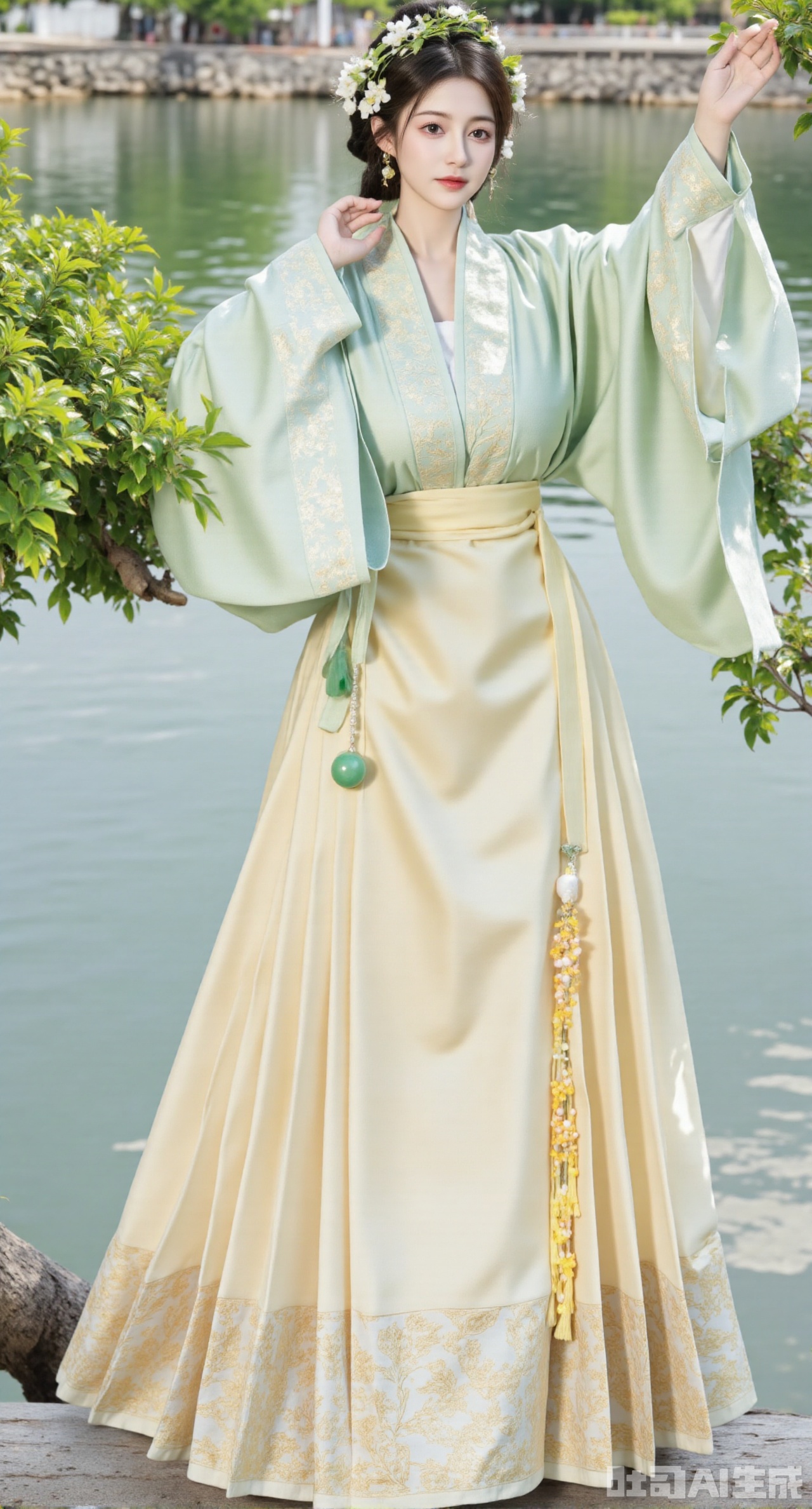 masterpiece, best quality, In spring, a Ming - style Hanfu girl wearing a light - green cloth dress paired with a light - yellow mamianqun plays by the stream in the ancient - style garden. The light - green cloth dress is simple and natural, printed with small peach - blossom patterns using Song - style printing techniques. The cuffs and hem are embroidered with light - yellow silk threads, echoing each other, and light - green silk - thread tassels hang from the hem. The mami skirt is embroidered with Song - style willow - branch patterns, and a light - yellow pearl yingluo hangs at the skirt gate. She wears a flower wreath on her head, dotted with peach blossoms. She has green jade earrings and a bracelet with peach - shaped beads on her wrist. There are weeping willows by the stream, and the water gurgles, creating a fresh and natural spring scene, (huge breasts, full breasts:2.99),Xhanfududou,Xsongzhihanfu,Xmingzhihanfu,XshixiaoyinyueY