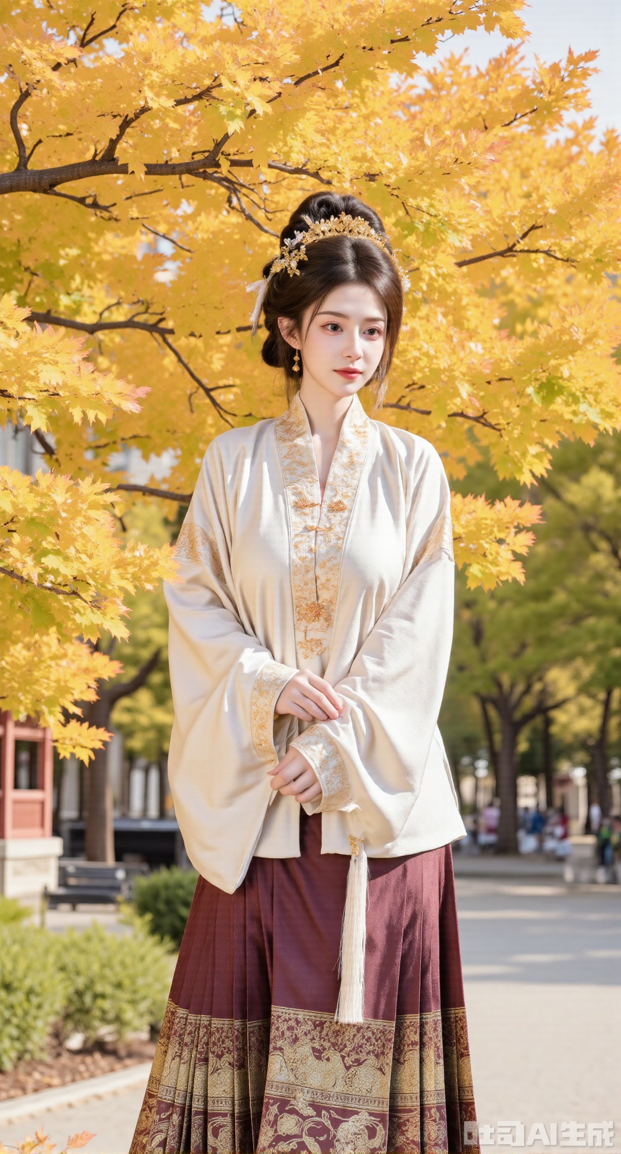 masterpiece, best quality, In autumn, a Ming - style Hanfu girl wearing an off - white short robe paired with a dark - brown horse skirt walks along the ginkgo - tree path in the ancient - style garden. The short robe is made of off - white cotton cloth, embroidered with ginkgo - leaf patterns using Song - style embroidery techniques. The collar and cuffs are inlaid with brown edges, and brown silk - thread tassels hang from the hem. The mami skirt is embroidered with Song - style chrysanthemum patterns, and the skirt gate is decorated with brown jade yingluo. She wears a ginkgo - leaf - shaped headpiece, golden ginkgo - leaf earrings, and a brown agate bracelet on her hand. Golden ginkgo leaves are falling in profusion on the ginkgo - tree path, covering the ground. In the distance, the garden buildings look more ancient in the autumn sunset, (huge breasts, full breasts)(huge breasts, full breasts:2.99),Xhanfududou,Xsongzhihanfu,Xmingzhihanfu,XshixiaoyinyueY