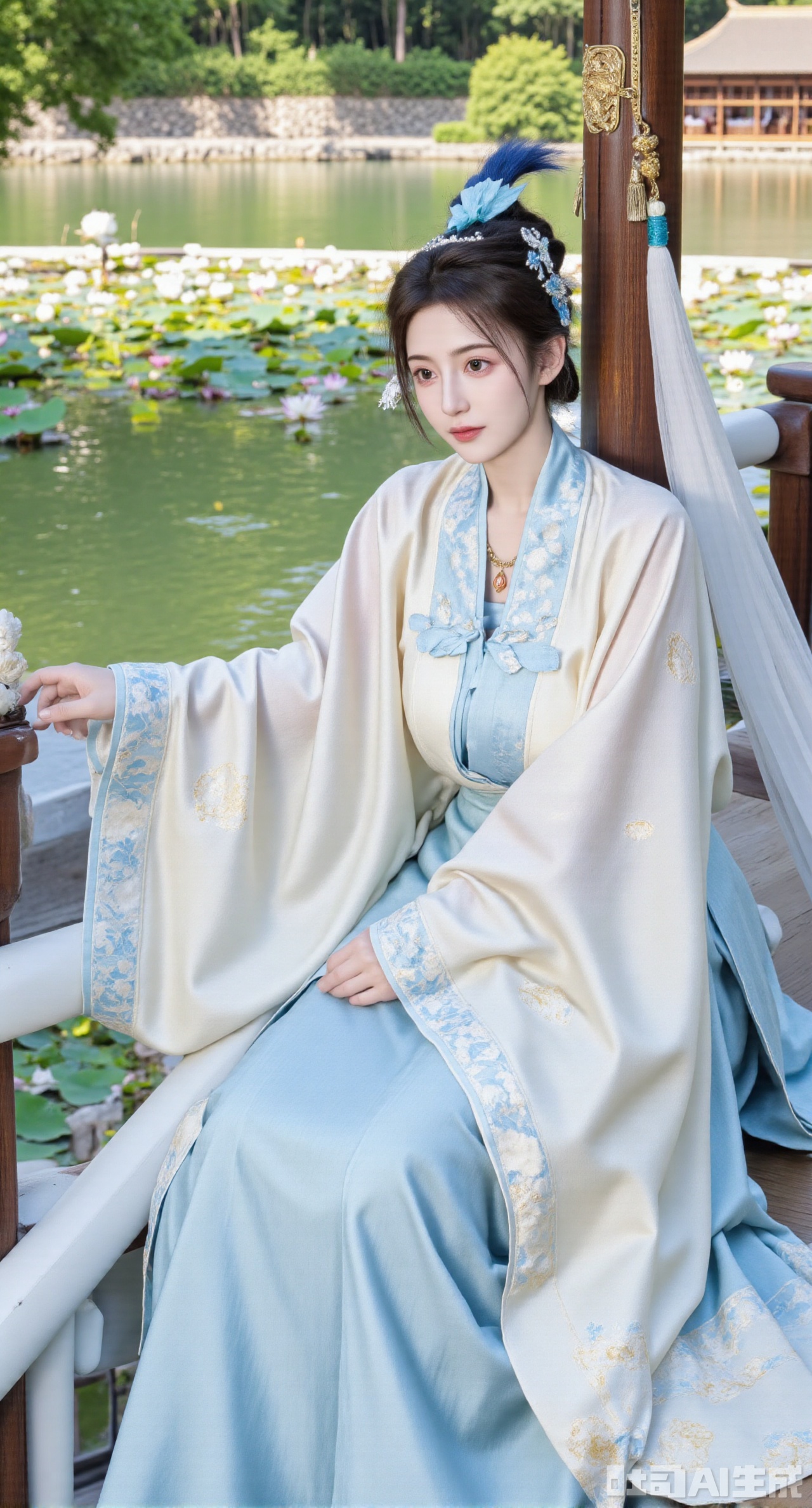 asterpiece, best quality, In summer, a Ming - style Hanfu girl wearing a white bijia paired with a light - blue mamianqun sits in the octagonal pavilion of the garden. The white bijia is embroidered with Song - style lotus flower and dragonfly patterns. The collar and cuffs are inlaid with light - blue edges, and light - blue silk - thread tassels hang from the edge. The mamianqun is embroidered with delicate water - wave and swimming - fish patterns, and a blue glaze yingluo hangs at the skirt gate. She wears a blue lotus - flower hair accessory, blue glaze earrings, and a blue crystal necklace around her neck. The octagonal pavilion has upturned eaves, surrounded by shady trees. Outside the pavilion, lotus flowers are in bloom in the pond, presenting a fresh and natural summer garden scene,, (huge breasts, full breasts:2.99),Xhanfududou,Xsongzhihanfu,Xmingzhihanfu,XshixiaoyinyueY