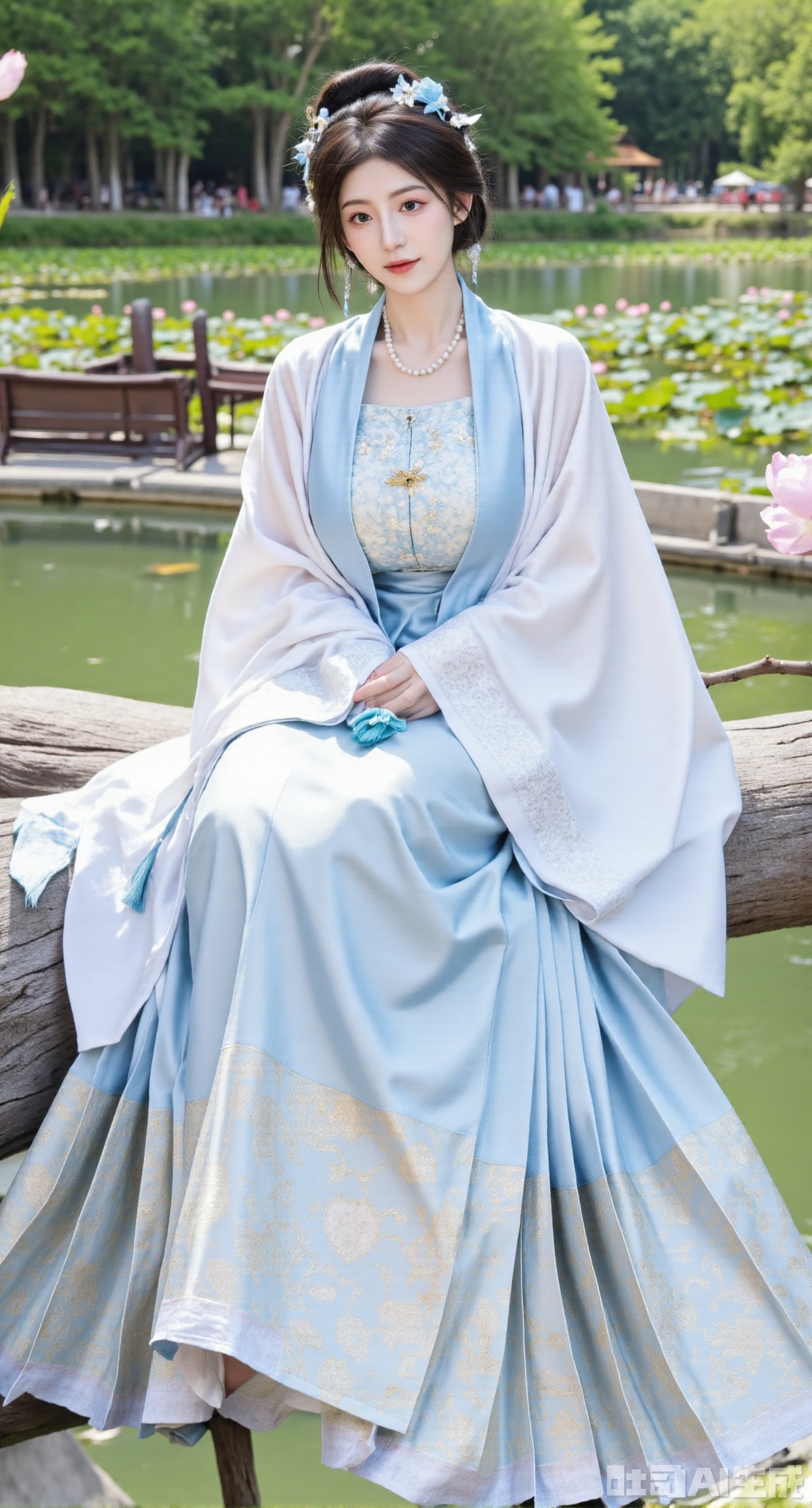 asterpiece, best quality, In summer, a Ming - style Hanfu girl wearing a white bijia paired with a light - blue mamianqun sits in the octagonal pavilion of the garden. The white bijia is embroidered with Song - style lotus flower and dragonfly patterns. The collar and cuffs are inlaid with light - blue edges, and light - blue silk - thread tassels hang from the edge. The mamianqun is embroidered with delicate water - wave and swimming - fish patterns, and a blue glaze yingluo hangs at the skirt gate. She wears a blue lotus - flower hair accessory, blue glaze earrings, and a blue crystal necklace around her neck. The octagonal pavilion has upturned eaves, surrounded by shady trees. Outside the pavilion, lotus flowers are in bloom in the pond, presenting a fresh and natural summer garden scene,, (huge breasts, full breasts:2.99),Xhanfududou,Xsongzhihanfu,Xmingzhihanfu,XshixiaoyinyueY