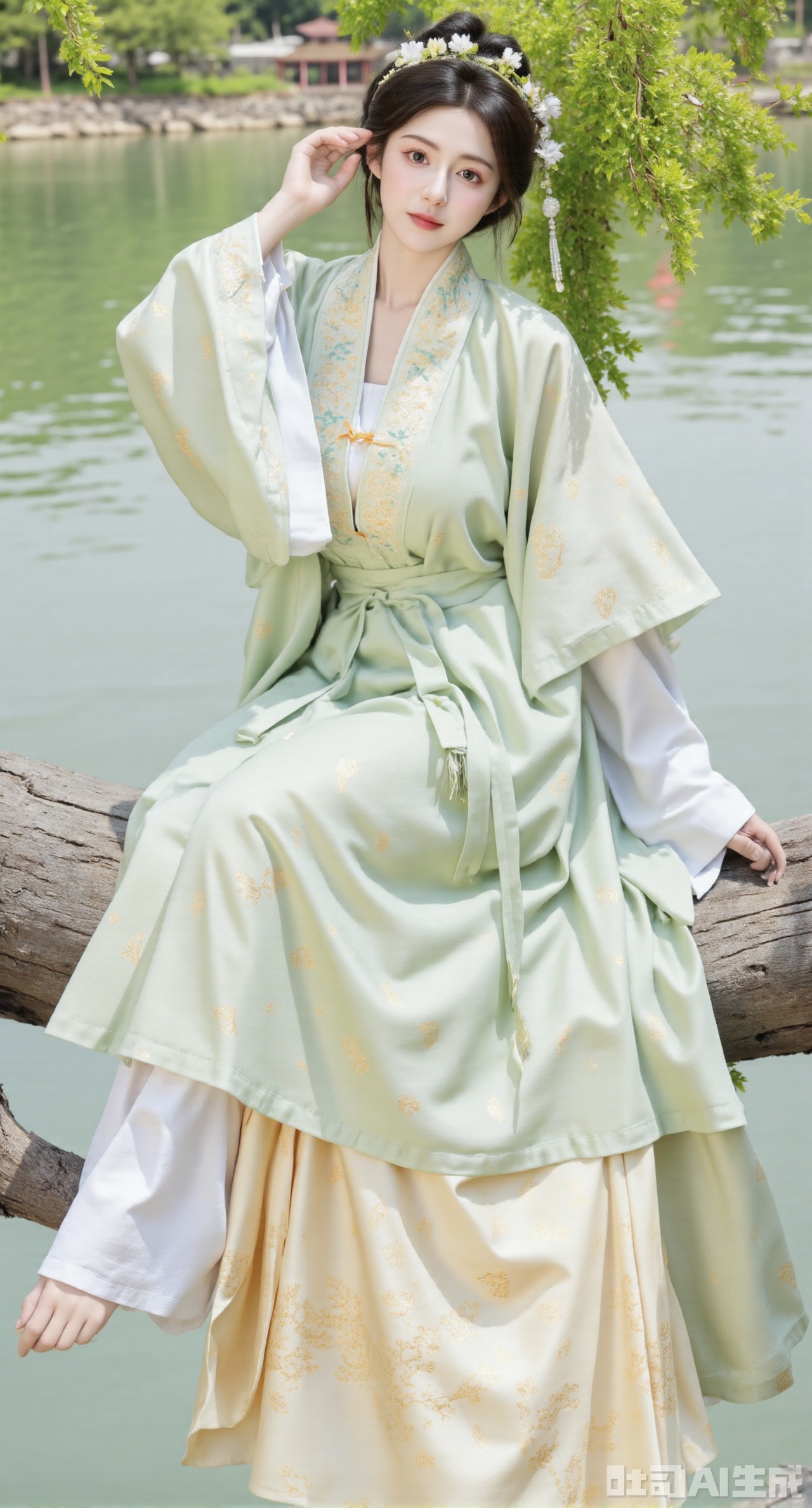 masterpiece, best quality, In spring, a Ming - style Hanfu girl wearing a light - green cloth dress paired with a light - yellow mamianqun plays by the stream in the ancient - style garden. The light - green cloth dress is simple and natural, printed with small peach - blossom patterns using Song - style printing techniques. The cuffs and hem are embroidered with light - yellow silk threads, echoing each other, and light - green silk - thread tassels hang from the hem. The mami skirt is embroidered with Song - style willow - branch patterns, and a light - yellow pearl yingluo hangs at the skirt gate. She wears a flower wreath on her head, dotted with peach blossoms. She has green jade earrings and a bracelet with peach - shaped beads on her wrist. There are weeping willows by the stream, and the water gurgles, creating a fresh and natural spring scene, (huge breasts, full breasts:2.99),Xhanfududou,Xsongzhihanfu,Xmingzhihanfu,XshixiaoyinyueY