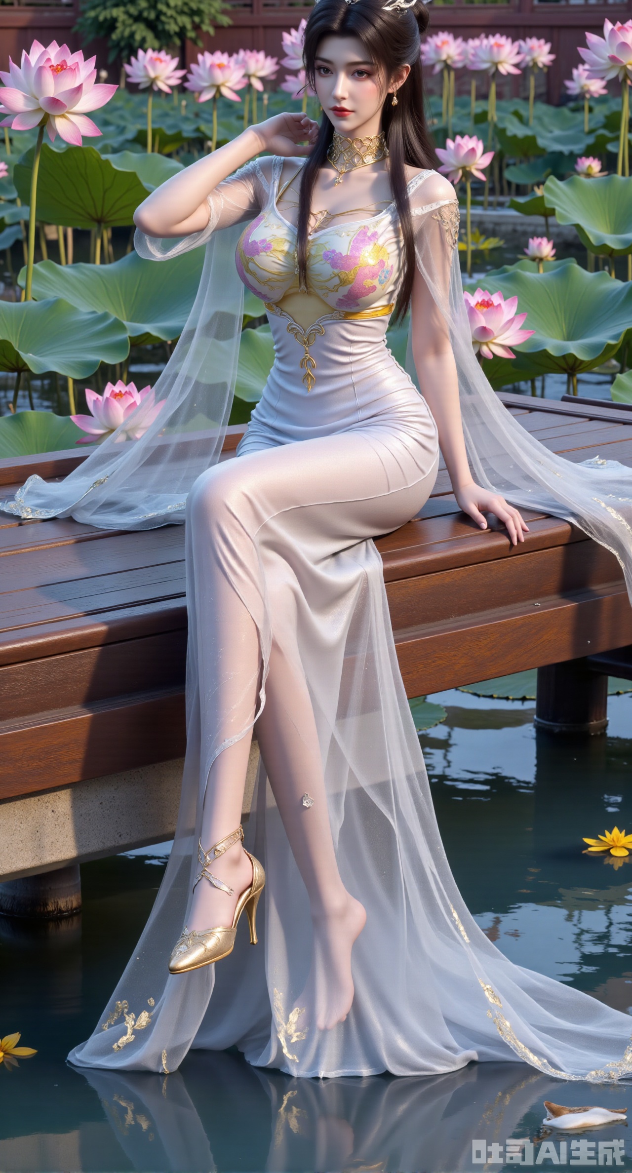 (masterpiece:1.2),best quality,The image is a digital illustration of a young woman sitting on a wooden bench in a pond with lily pads. She is wearing a long dress with design on the chest and sleeves. The dress has a high neckline and short sleeves,Holding a lotus in hand. She has long dark hair styled in loose waves and is wearing gold high heels. The woman is posing with one hand on her hip and the other resting on the edge of the bench. The background is filled with pink and white lotus flowers and green leaves. The overall mood of the image is peaceful and serene,(Background with traditional Chinese architecture, lotus pond and pink lotus flowers:1.39),(huge breasts:2.99), (full breasts:2.99),XyunxiaoYK,Xbigbreasts,Xrixirenxiangsheying,Xmengru,XfuqingyunY,Xfenhanfududou,Xhanfusiwa,Xsonghanfu,XshixiaoY,XyunwangshuY