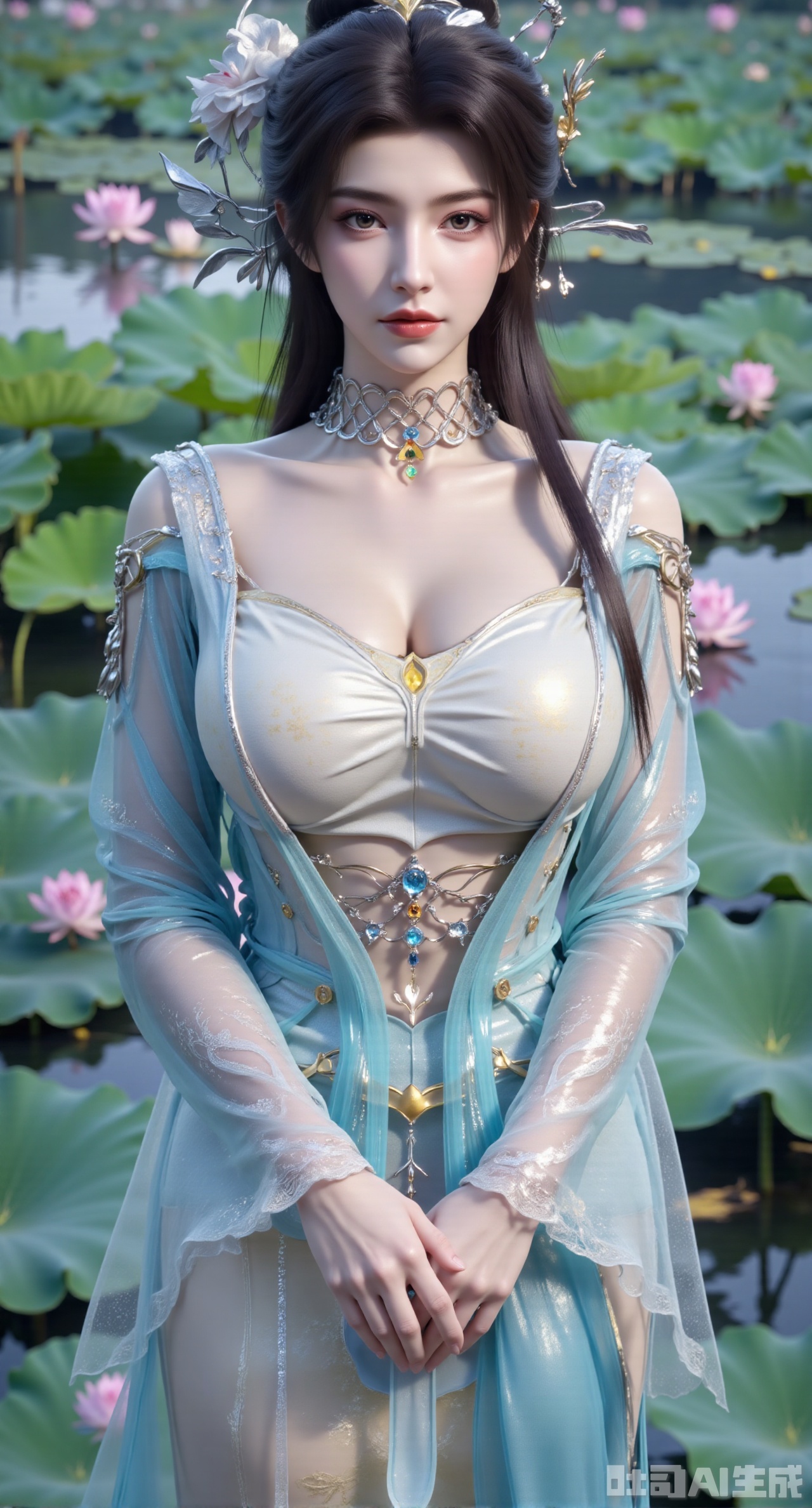 (masterpiece:1.2),best quality,1girl,Blurred background, the background is a lotus pond full of lotus and water lilies(huge breasts:2.99), (full breasts:2.99),,,XyunxiaoYK,Xbigbreasts,Xrixirenxiangsheying,Xmengru,XfuqingyunY,Xfenhanfududou,Xhanfusiwa,Xsonghanfu,XshixiaoY,XyunwangshuY