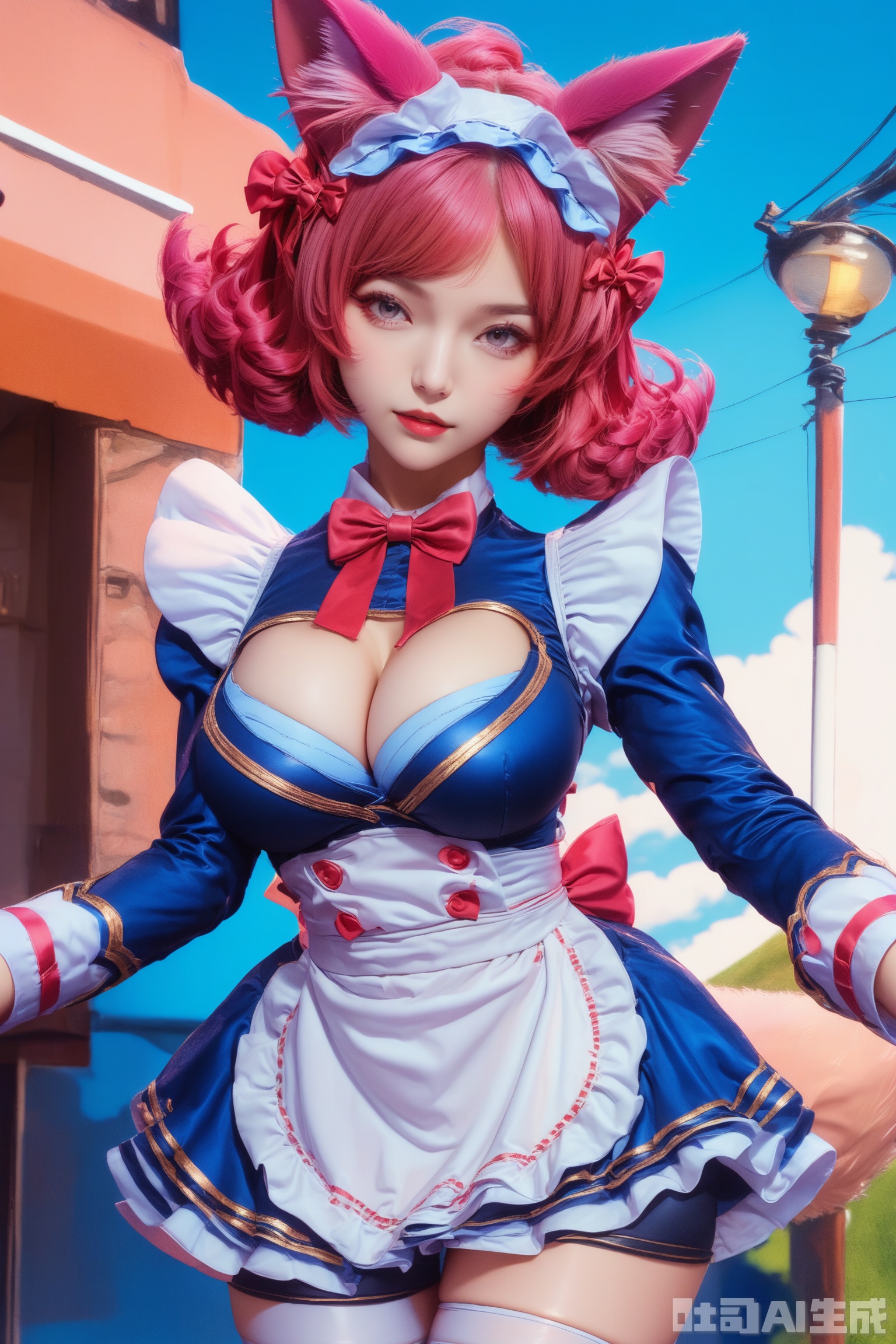 score_9,score_8_up,1girl, solo, breasts, looking at viewer, short hair, large breasts, thighhighs, long sleeves, dress, bow, animal ears, cleavage, pink hair, red hair, 
frill, cat ears, apron, red bow, white thighhighs, animal ear fluff, maid headdress, blue dress, bike shorts,  waist apron, white apron, realistic,