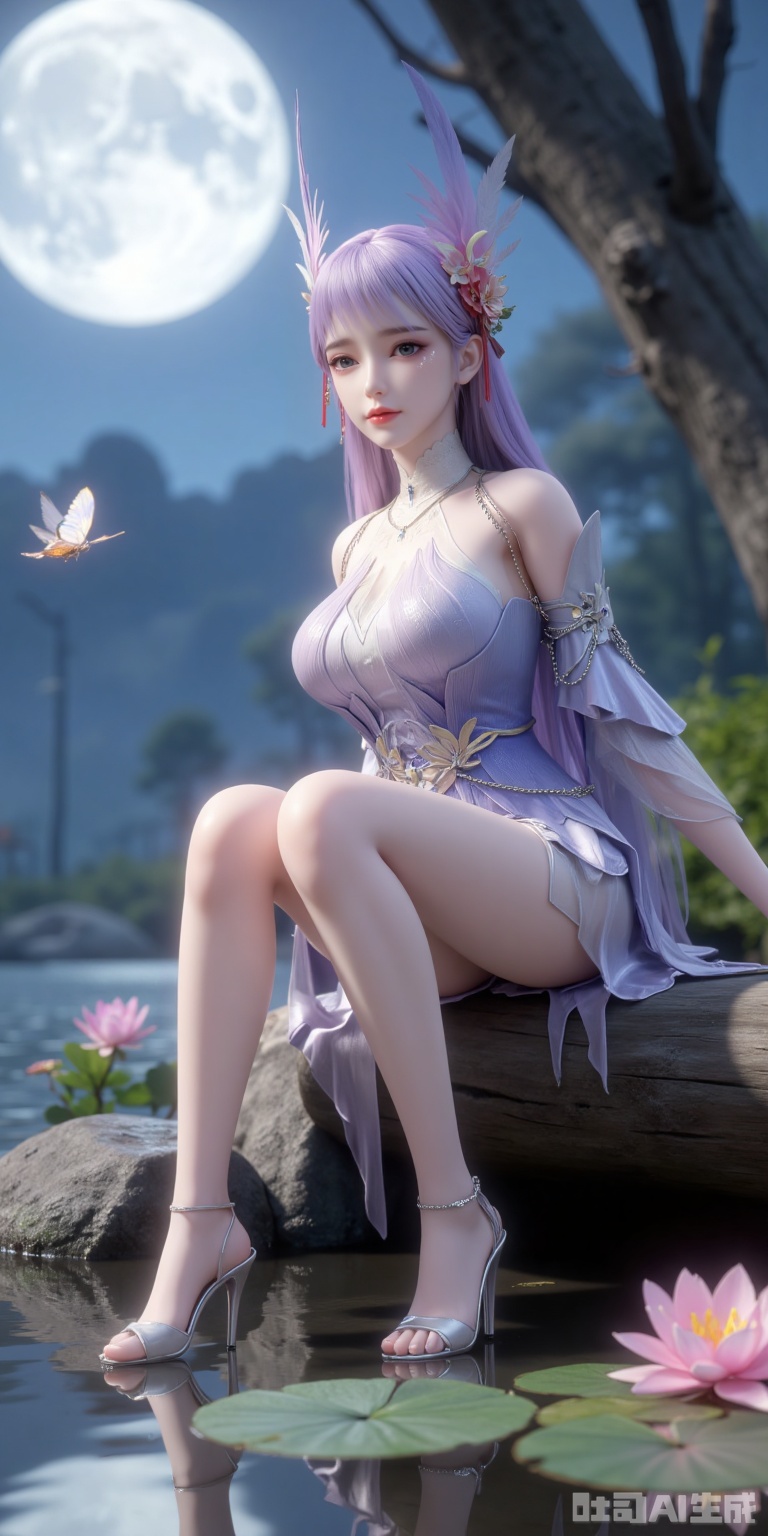 This image shows a virtual character sitting on wood beside the water with a forest under the moonlight in the background. She was wearing a lilac outfit and silver high heels. Her hair is decorated with feathers and flowers, adding a mysterious and dreamy feeling. The surrounding environment is illuminated by the moonlight, butterflies are flying, and a few lotus flowers are floating on the water, creating a peaceful and beautiful atmosphere.
