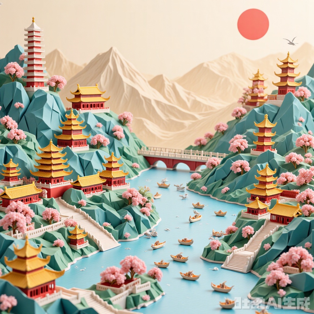  Best quality,8k,cg,falls,flowers,Sun,mountain,seagull,bridge, Chinese ancientpaintings,山水如画,荷塘月色,雪景,恬静女孩,Origami art,Traditional texture