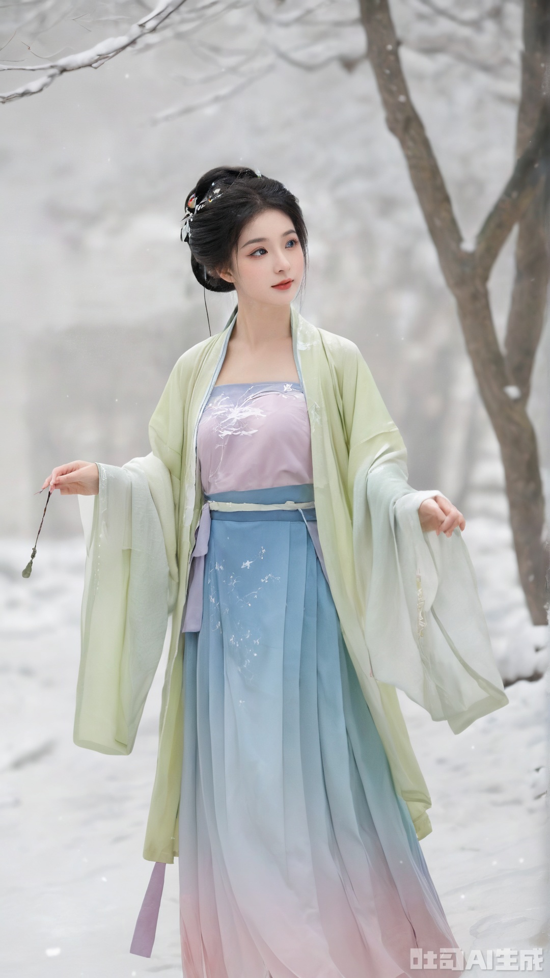  best quality,masterpiece,arien_hanfu,1girl,(falling_snow:1.2),looking_at_viewer,,(big breasts:1.13),Xsongzhihanfu,Xvangoghs,Xsutaner,Xhulianxin, song_hanfu