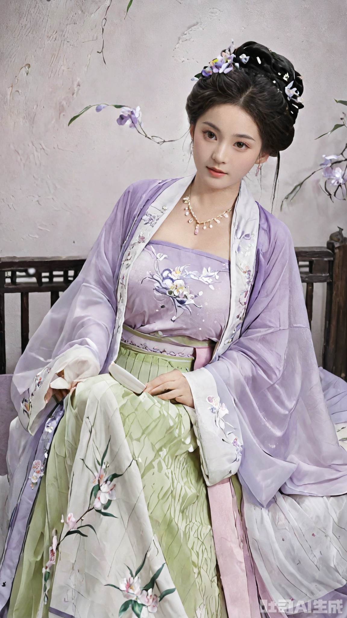 Best quality, Realistic, photorealistic, masterpiece,1girl, solo, long hair, black hair,Hairpins,necklace, hair ornament, dress, full body, flower, earrings, indoors, hair bun, (purple-pink dress),(Tube top Hanfu long skirt:1.1), pillow, bed, night, chinese clothes, table, branch,daxiushan, ,daxiushan style,(huge breasts:2.29), (full breasts:2.29), realistic,hanfu, daxiushan,Shoulders are exposed, Xmingzhihanfu,Xtangqixiongshanqun,Xqinghannu,Xsongzhihanfu