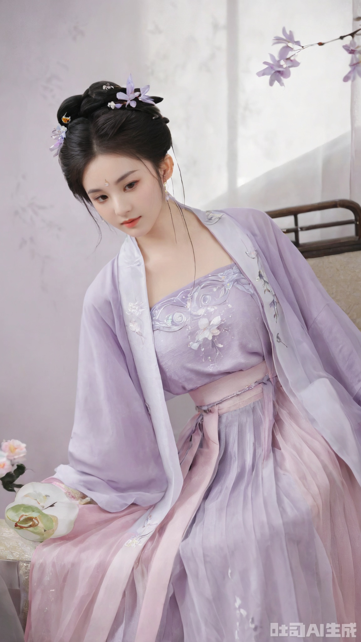 Best quality, Realistic, photorealistic, masterpiece,1girl, solo, long hair, black hair,Hairpins,necklace, hair ornament, dress, full body, flower, earrings, indoors, hair bun, (purple-pink dress),(Tube top Hanfu long skirt:1.1), pillow, bed, night, chinese clothes, table, branch,daxiushan, ,daxiushan style,(huge breasts:2.29), (full breasts:2.29), realistic,hanfu, daxiushan,Shoulders are exposed, Xmingzhihanfu,Xtangqixiongshanqun,Xqinghannu,Xsongzhihanfu
