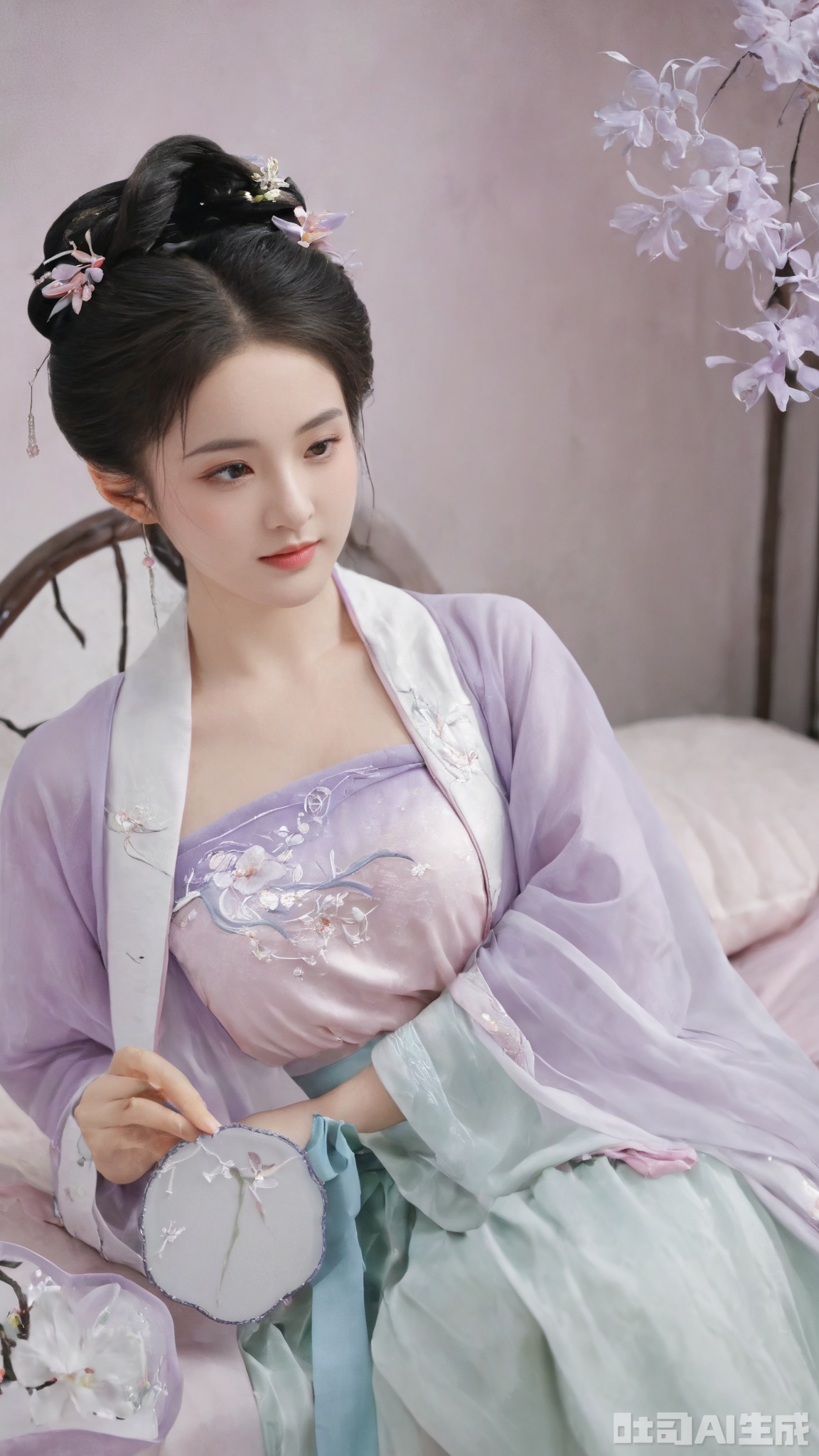 Best quality, Realistic, photorealistic, masterpiece,1girl, solo, long hair, black hair,Hairpins,necklace, hair ornament, dress, full body, flower, earrings, indoors, hair bun, (purple-pink dress),(Tube top Hanfu long skirt:1.1), pillow, bed, night, chinese clothes, table, branch,daxiushan, ,daxiushan style,(huge breasts:2.29), (full breasts:2.29), realistic,hanfu, daxiushan,Shoulders are exposed, Xmingzhihanfu,Xtangqixiongshanqun,Xqinghannu,Xsongzhihanfu
