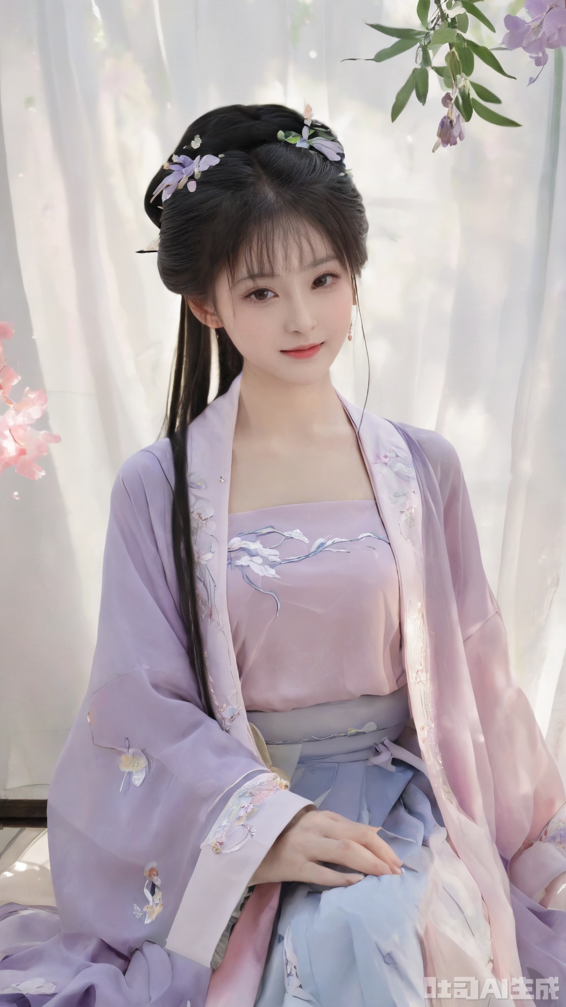 Best quality, Realistic, photorealistic, masterpiece,1girl, solo, long hair, black hair,Hairpins,necklace, hair ornament, dress, full body, flower, earrings, indoors, hair bun, (purple-pink dress),(Tube top Hanfu long skirt:1.1), pillow, bed, night, chinese clothes, table, branch,daxiushan, ,daxiushan style,(huge breasts:2.29), (full breasts:2.29), realistic,hanfu, daxiushan,Shoulders are exposed, Xmingzhihanfu,Xtangqixiongshanqun,Xqinghannu,Xsongzhihanfu