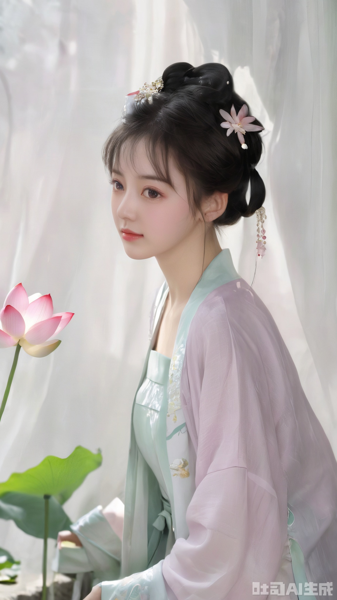 Best quality, Realistic, photorealistic, masterpiece, extremely detailed CG unity 8k wallpaper, best illumination, best shadow, huge filesize ,(huge breasts:2.2), incredibly absurdres, absurdres, looking at viewer, transparent, smog, gauze, vase, petals, room, ancient Chinese style, detailed background, wide shot background, (((1gilr,black hair))),(Sitting on the lotus pond porch:1.39) ,(huge breasts:2.3),(A pond full of pink lotus flowers:1.3),close up of 1girl,Hairpins,hair ornament,hair wings,slim,narrow waist,(huge breasts:2.39),perfect eyes,beautiful perfect face,pleasant smile,perfect female figure,detailed skin,charming,alluring,seductive,erotic,enchanting,delicate pattern,detail,delicate intricate fabrics, Morning Serenade In the gentle morning glow, (a woman in a pink lotus-patterned Hanfu stands in an indoor courtyard:1.26),admiring the tranquil garden scenery. The lotus-patterned Hanfu, embellished with silver-thread embroidery, is softly illuminated by the morning light, with a blurred background to enhance the peaceful atmosphere,(huge breasts:2.59),,Xmingzhihanfu,Xtangqixiongshanqun,Xqinghannu,Xsongzhihanfu