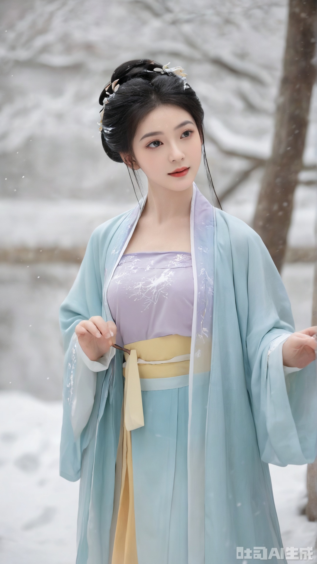  best quality,masterpiece,arien_hanfu,1girl,(falling_snow:1.2),looking_at_viewer,,(big breasts:1.13),Xsongzhihanfu,Xvangoghs,Xsutaner,Xhulianxin, song_hanfu