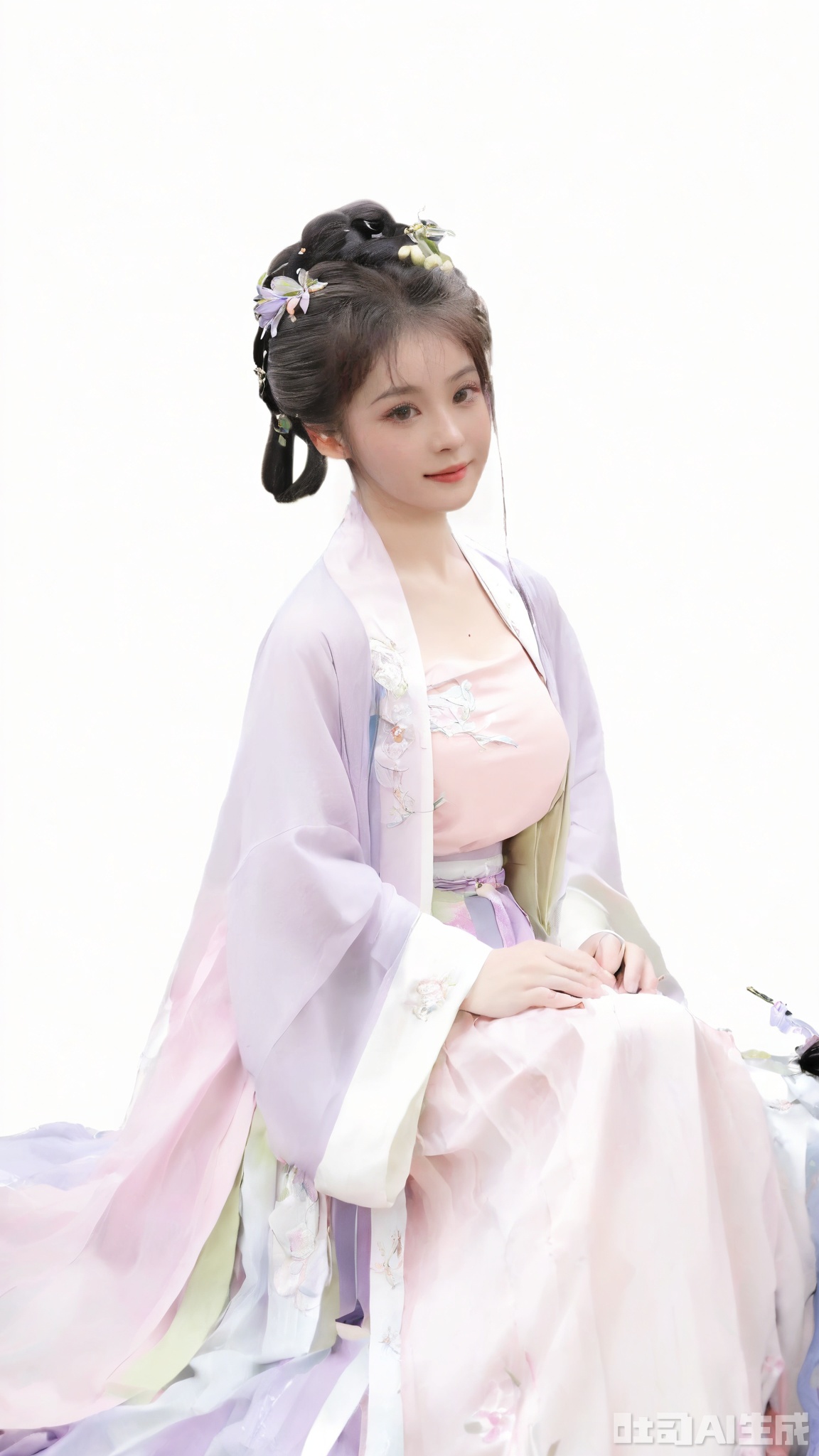 Best quality, Realistic, photorealistic, masterpiece,1girl, solo, long hair, black hair,Hairpins,necklace, hair ornament, dress, full body, flower, earrings, indoors, hair bun, (purple-pink dress),(Tube top Hanfu long skirt:1.1), pillow, bed, night, chinese clothes, table, branch,daxiushan, ,daxiushan style,(huge breasts:2.29), (full breasts:2.29), realistic,hanfu, daxiushan,Shoulders are exposed, Xmingzhihanfu,Xtangqixiongshanqun,Xqinghannu,Xsongzhihanfu