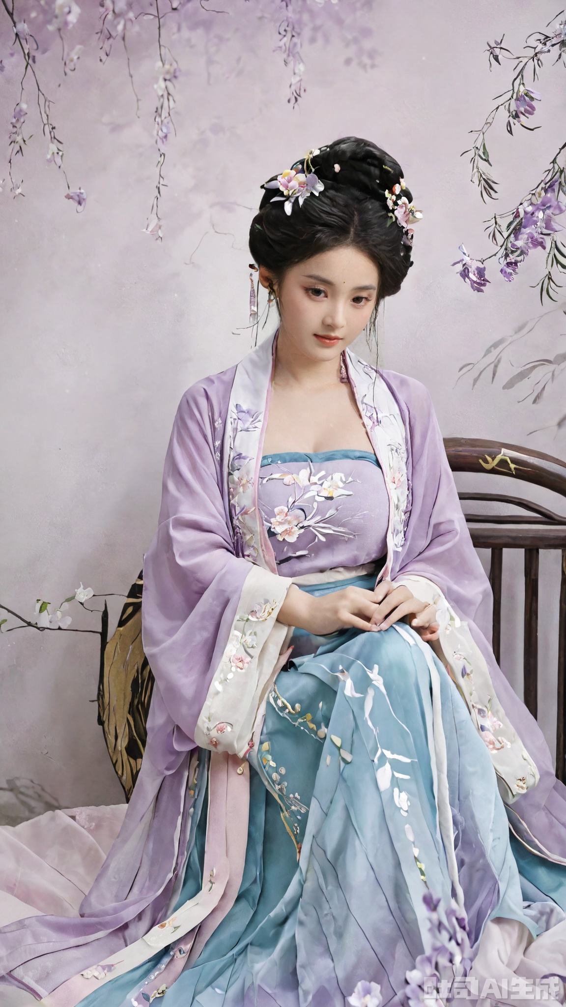 Best quality, Realistic, photorealistic, masterpiece,1girl, solo, long hair, black hair,Hairpins,necklace, hair ornament, dress, full body, flower, earrings, indoors, hair bun, (purple-pink dress),(Tube top Hanfu long skirt:1.1), pillow, bed, night, chinese clothes, table, branch,daxiushan, ,daxiushan style,(huge breasts:2.29), (full breasts:2.29), realistic,hanfu, daxiushan,Shoulders are exposed, Xmingzhihanfu,Xtangqixiongshanqun,Xqinghannu,Xsongzhihanfu