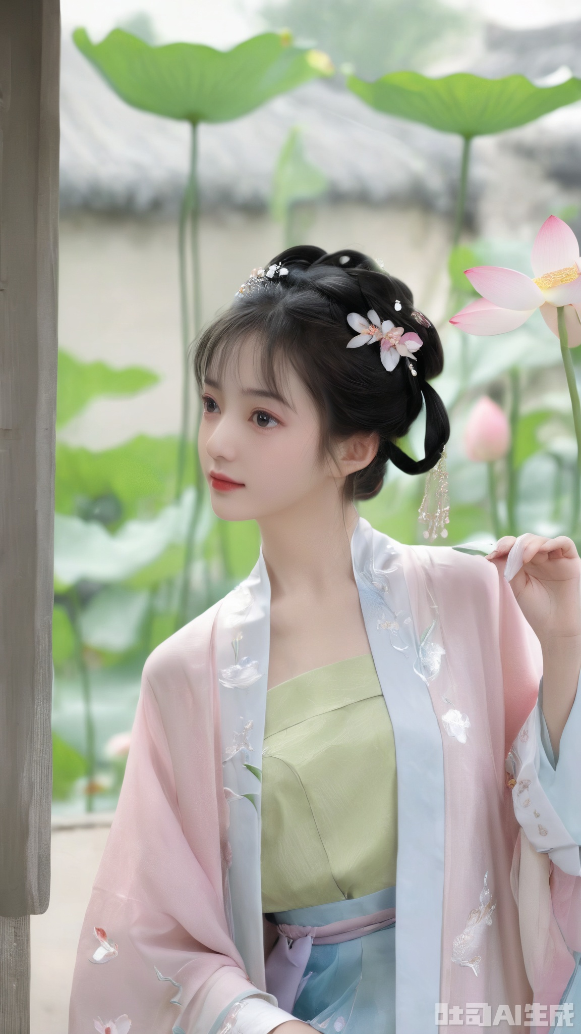 Best quality, Realistic, photorealistic, masterpiece, extremely detailed CG unity 8k wallpaper, best illumination, best shadow, huge filesize ,(huge breasts:2.2), incredibly absurdres, absurdres, looking at viewer, transparent, smog, gauze, vase, petals, room, ancient Chinese style, detailed background, wide shot background, (((1gilr,black hair))),(Sitting on the lotus pond porch:1.39) ,(huge breasts:2.3),(A pond full of pink lotus flowers:1.3),close up of 1girl,Hairpins,hair ornament,hair wings,slim,narrow waist,(huge breasts:2.39),perfect eyes,beautiful perfect face,pleasant smile,perfect female figure,detailed skin,charming,alluring,seductive,erotic,enchanting,delicate pattern,detail,delicate intricate fabrics, Morning Serenade In the gentle morning glow, (a woman in a pink lotus-patterned Hanfu stands in an indoor courtyard:1.26),admiring the tranquil garden scenery. The lotus-patterned Hanfu, embellished with silver-thread embroidery, is softly illuminated by the morning light, with a blurred background to enhance the peaceful atmosphere,(huge breasts:2.59),,Xmingzhihanfu,Xtangqixiongshanqun,Xqinghannu,Xsongzhihanfu