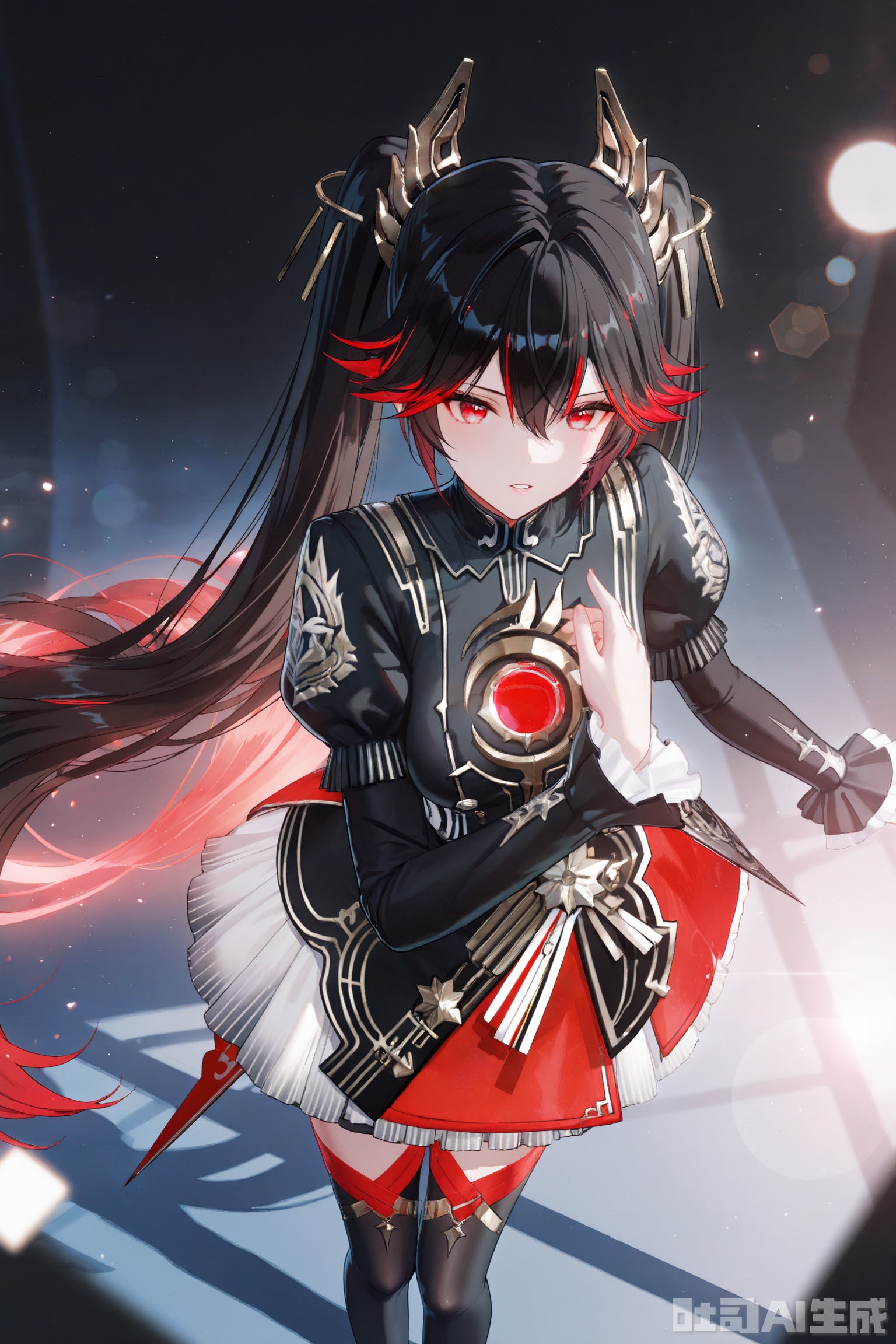 1girl,lucia, solo, long hair, bangs, black hair, hair ornament, thighhighs, long sleeves, dress, twintails, very long hair, red eyes, red hair, multicolored hair, black dress,gentle expression,parted lips,depth of field, light particles, lens flare, masterpiece,best quality,((artist:reoen),(artist:fuzichoco),(artist:atdan),(artist:torino_aqua:0.5),year 2024:0.5),(artist:omone_hokoma_agm:0.8), 2d, anime,from above,