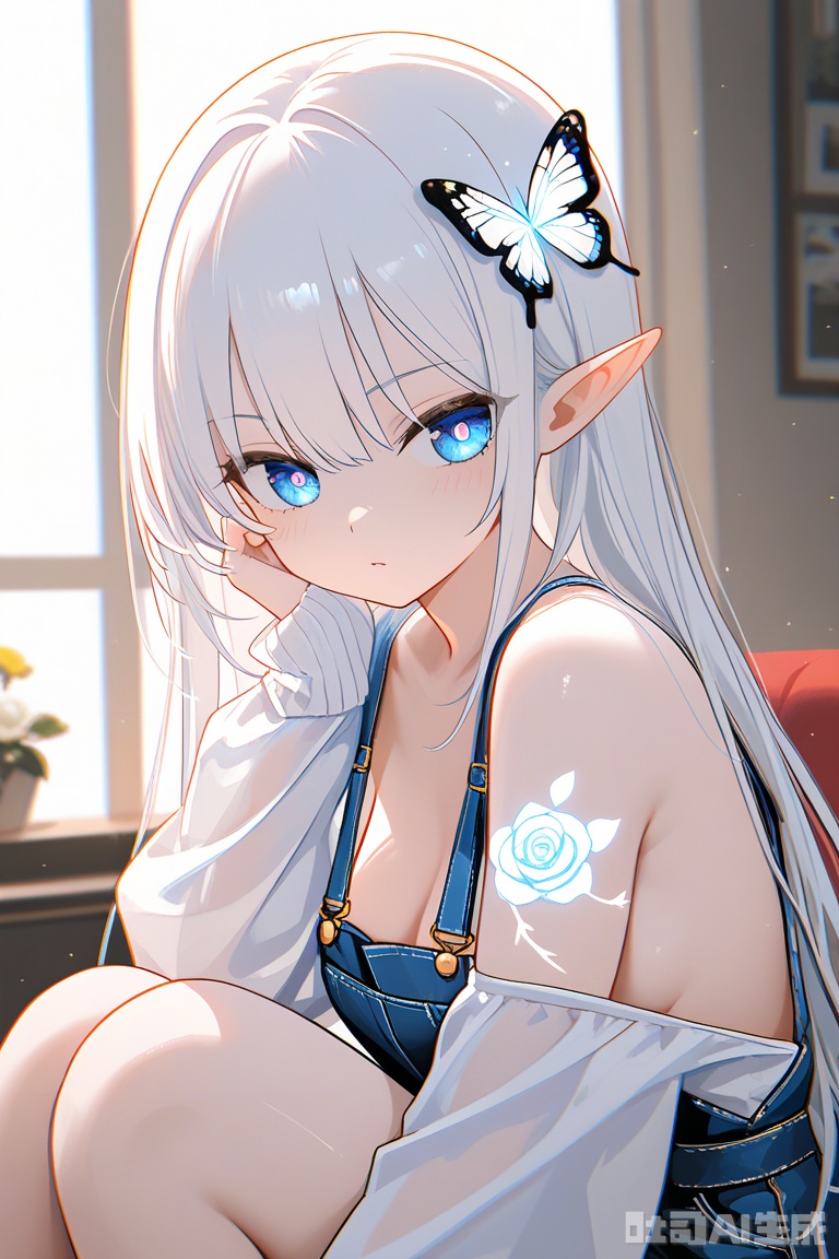 masterpiece,best quality,high quality,overexposure,chromatic aberration,fair skin,glowing tattoo,The image is a digital illustration of a young woman with long white hair and blue eyes She is wearing a black and gold outfit with intricate details and patterns The outfit has a high neckline and long sleeves with ruffles on the sleeves The woman is sitting in front of a background of white roses and blue butterflies She has a serious expression on her face and is looking off to the side The overall mood of the image is dark and mysterious.