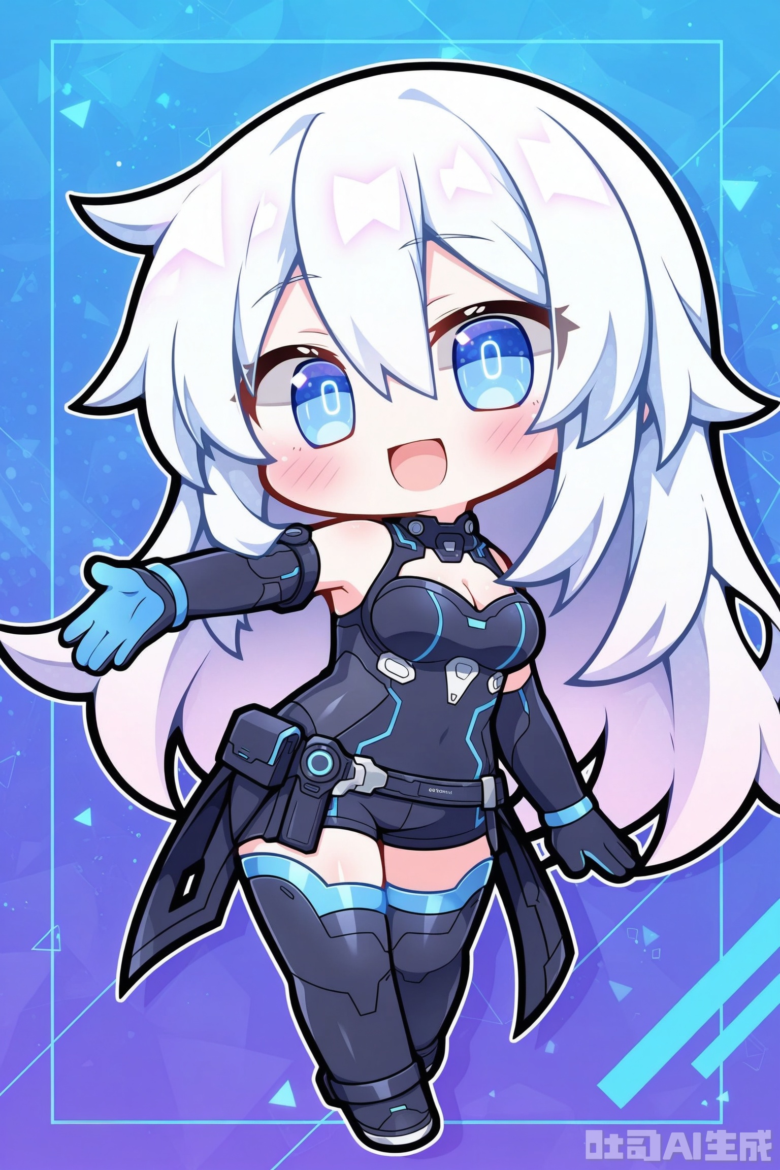 Solid color background, handsome theme, solo, exquisite background, frame: 1.2, full body //
(chibi:1.2),:d,//
//
Stretch out your arms,open your hands
//
1girl, breasts, solo, long hair, symbol-shaped pupils, white hair, medium breasts, cleavage, looking at viewer, bare shoulders, blush, smile, open mouth, elbow gloves, upper body, blue eyes, hair between eyes, gloves, power symbol, very long hair